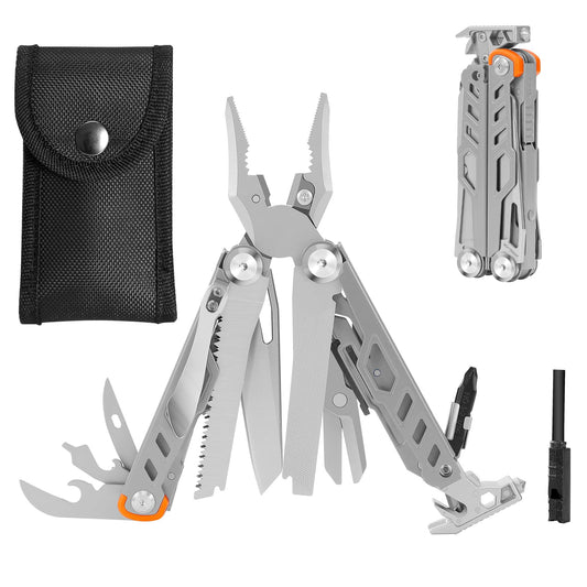 HANSHI Multitool Pliers, 22-in-1 YG10 Tungsten Steel Multi Tool with Scissors,Replaceable Wire Cutters, Flint, Window Breaker, Back Clip,Ideal for Camping, Survival and Gift(Silver)