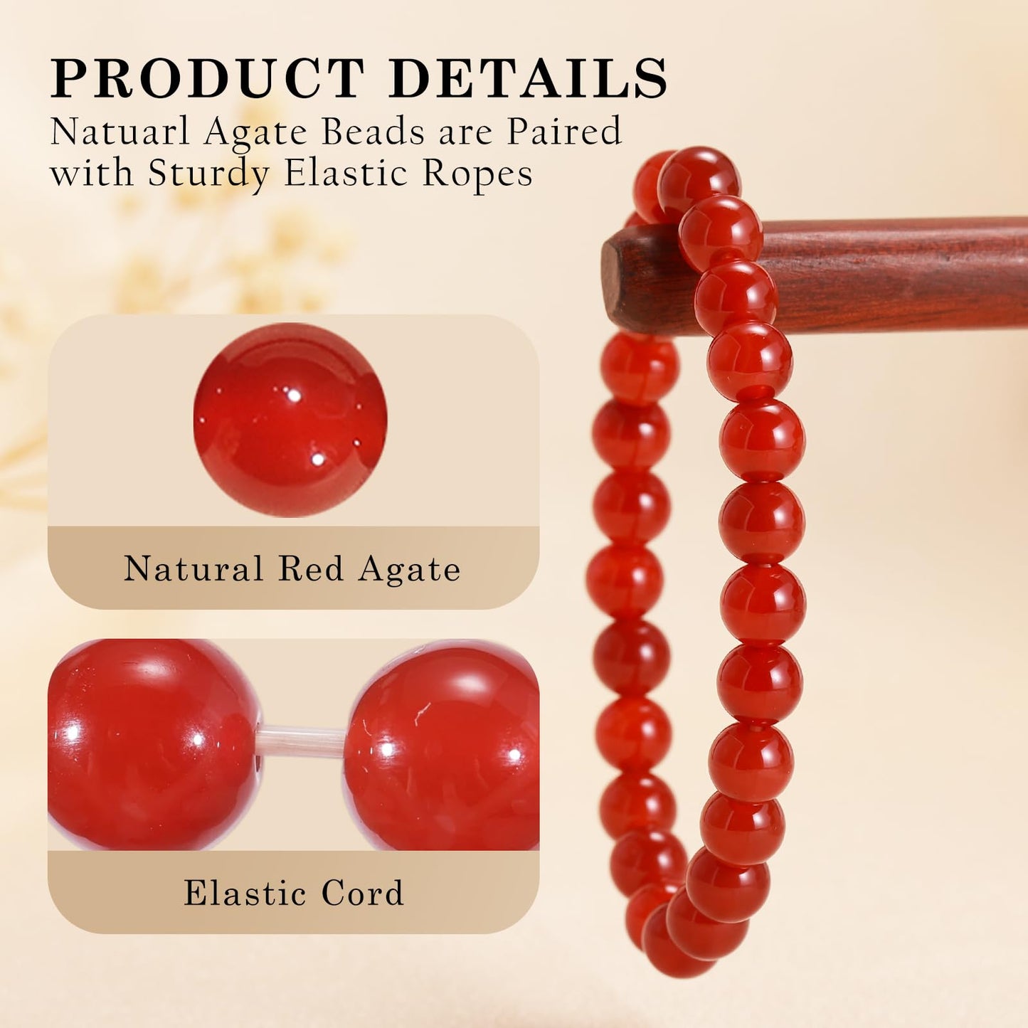Aluckiss 8mm Red Agate Bracelets for Women Men Natural Agates Round Beaded Stone Healing Bracelet Stretch Elastic Handmade Polished Gemstone Beads Bracelet