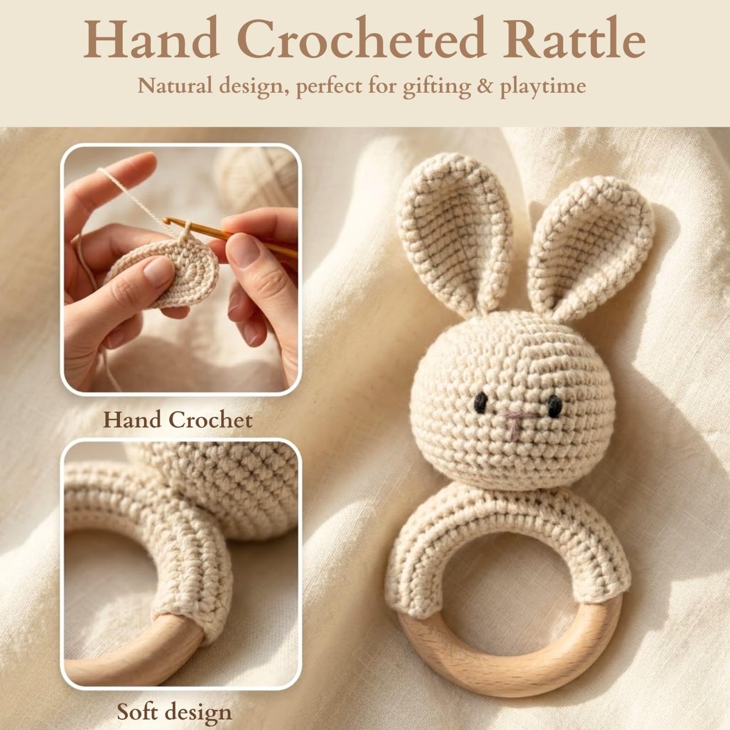 Organic Crochet Bunny Baby Rattle Toy - Handmade Newborn Gift Set with Teether & Pacifier Holder - BPA-Free Organic Cotton New Baby Gift - Infant Sensory Toy for Girls Boys 0-12 Months