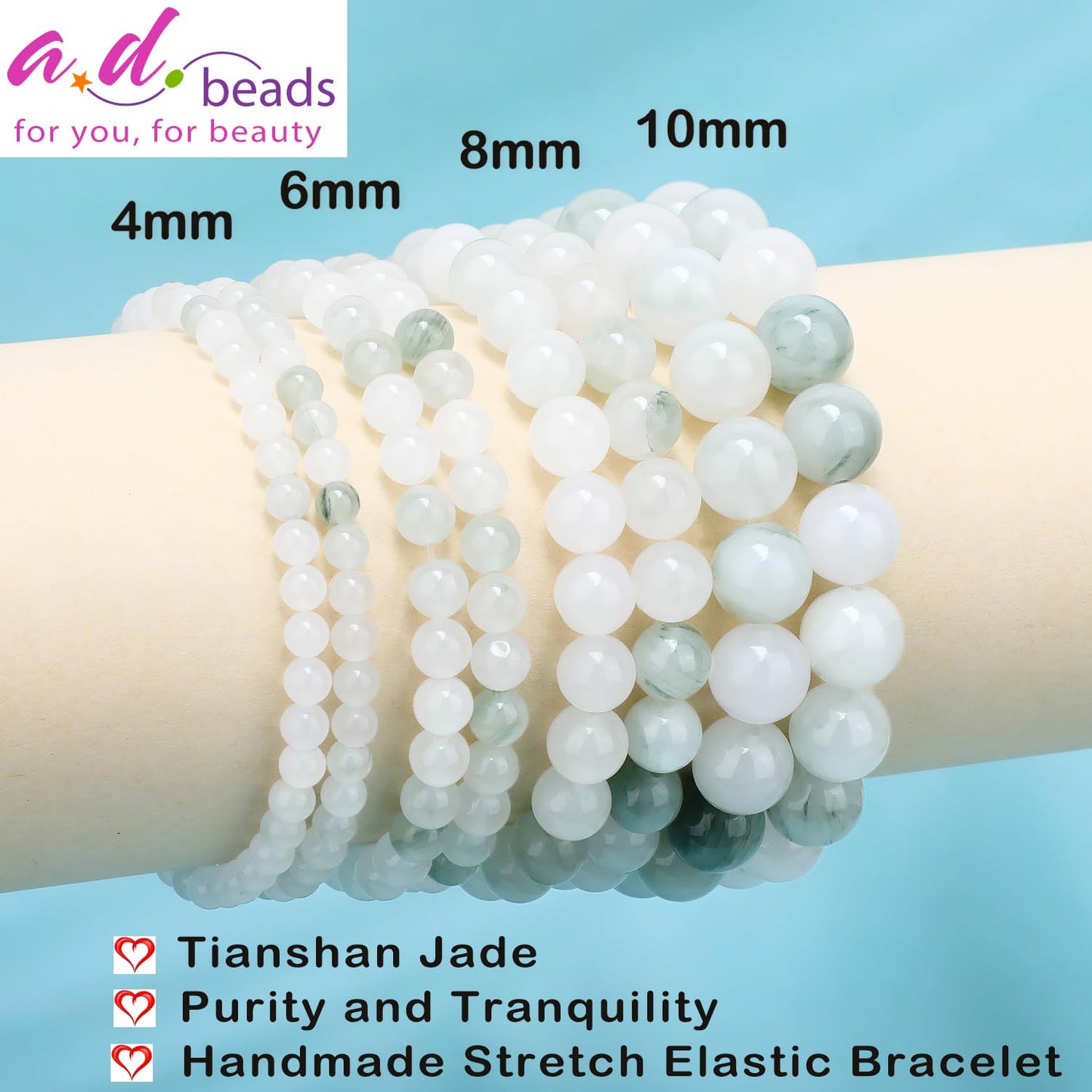 AD Beads 6mm Handmade Tianshan Jade Elastic Bracelet – Natural Gemstone for Purity and Tranquility – Meditation, Yoga, Healing and Energy Gift for Men Women
