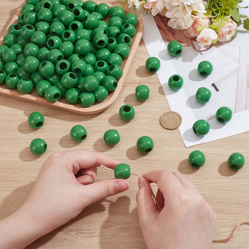 PH PandaHall 250Pcs 20mm Wood Beads 9mm Large Hole Wood European Rondelle Bead Wooden Macrame Beads for Bracelet Craft Garland Christmas Tree Tassel Decor Home Decoration, Green