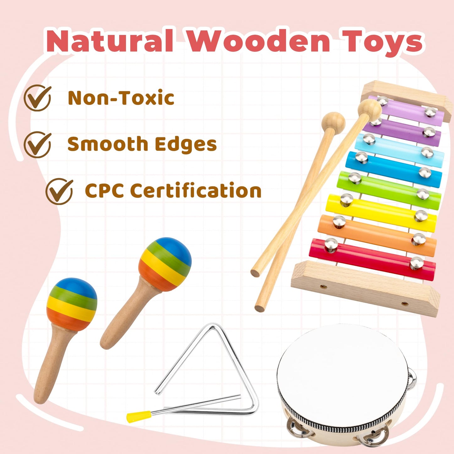 Montessori Toys for 1 2 Year Old, Wooden Musical Instruments for Toddlers 1-3, Educational Baby Drum Set with Xylophone & Maracas, First Birthday Gifts for Boys Girls, Easter Basket Stuffers for Kids