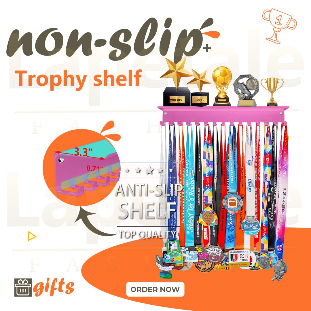 Lapetale Fashion Non-Slip Pink Trophy Shelf - 16 Inch Medal Hanger Display for Wall with Upgraded Shelves for Trophies, Gymnastics, Soccer, Swim