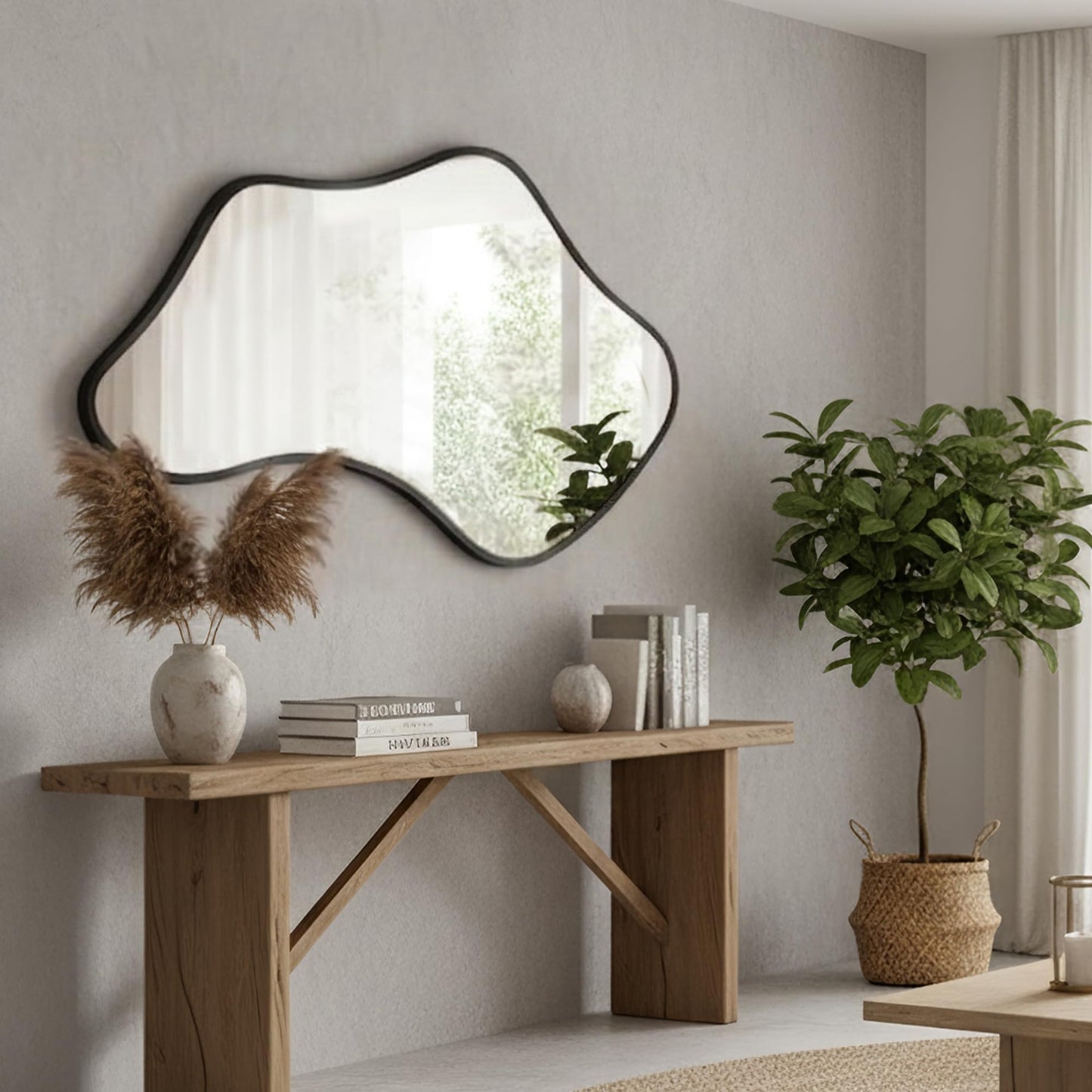 Fahomiss Asymmetrical Wall Mirror, Irregular Shaped Frameless Vanity Mirror, Modern Decorative Mirror for Entryway, Living Room, Bathroom (Black, 40" L x 24" W)