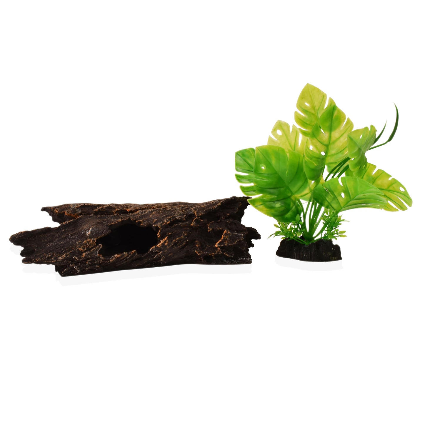 YAKCAM Reptile Hide 10.5 x 2.5 Inch Natural Looking Driftwood Aquarium Cave, Hideout for Amphibians, Lizards & Fish | Hollow Log with Life-Like 7" Monstera Plant | Terrarium & Aquarium Tank Decoration