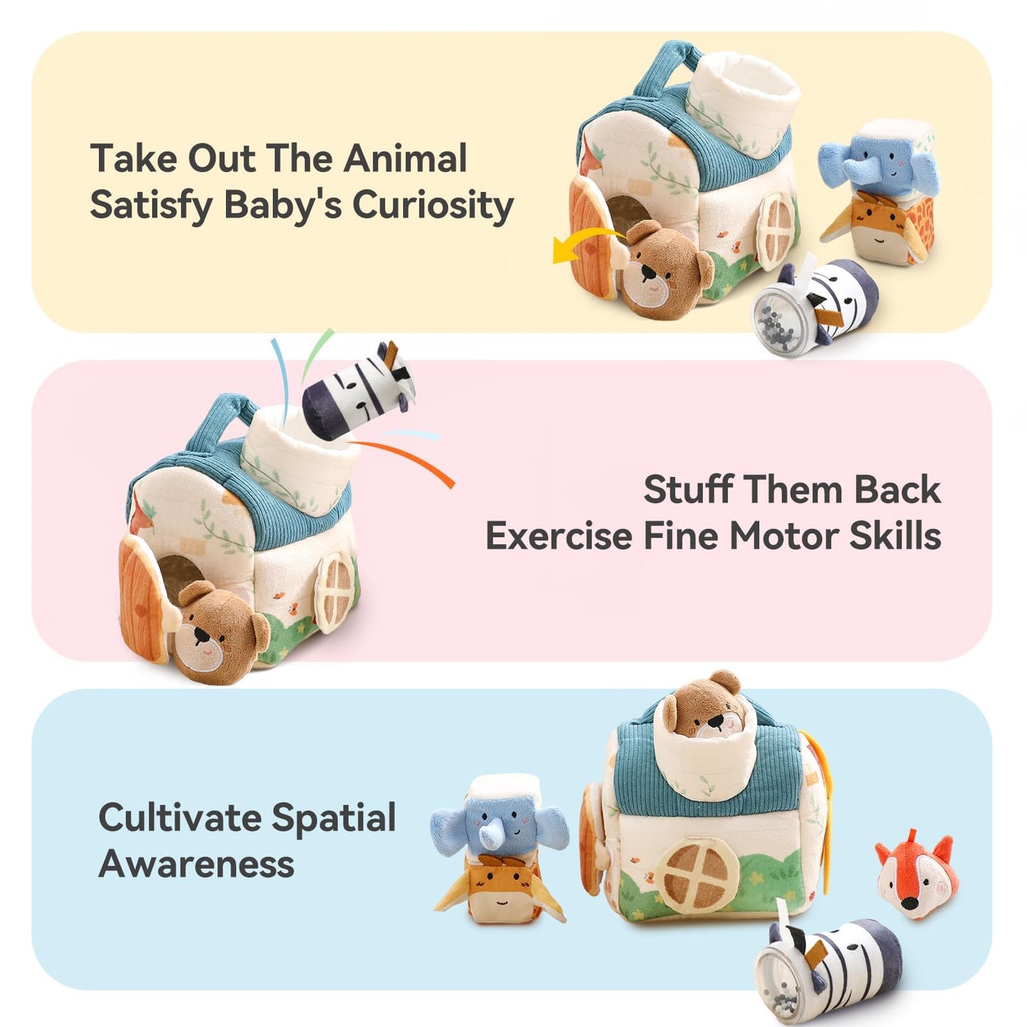 Youuys Travel Sensory Toys for Babies 6-12 Months & Toddlers 1-3 Year Old On-The-Go Montessori Soft Stuffed Animal Set with Crinkle, Rattle, Safe Mirror Educational for Kids Boy Girl
