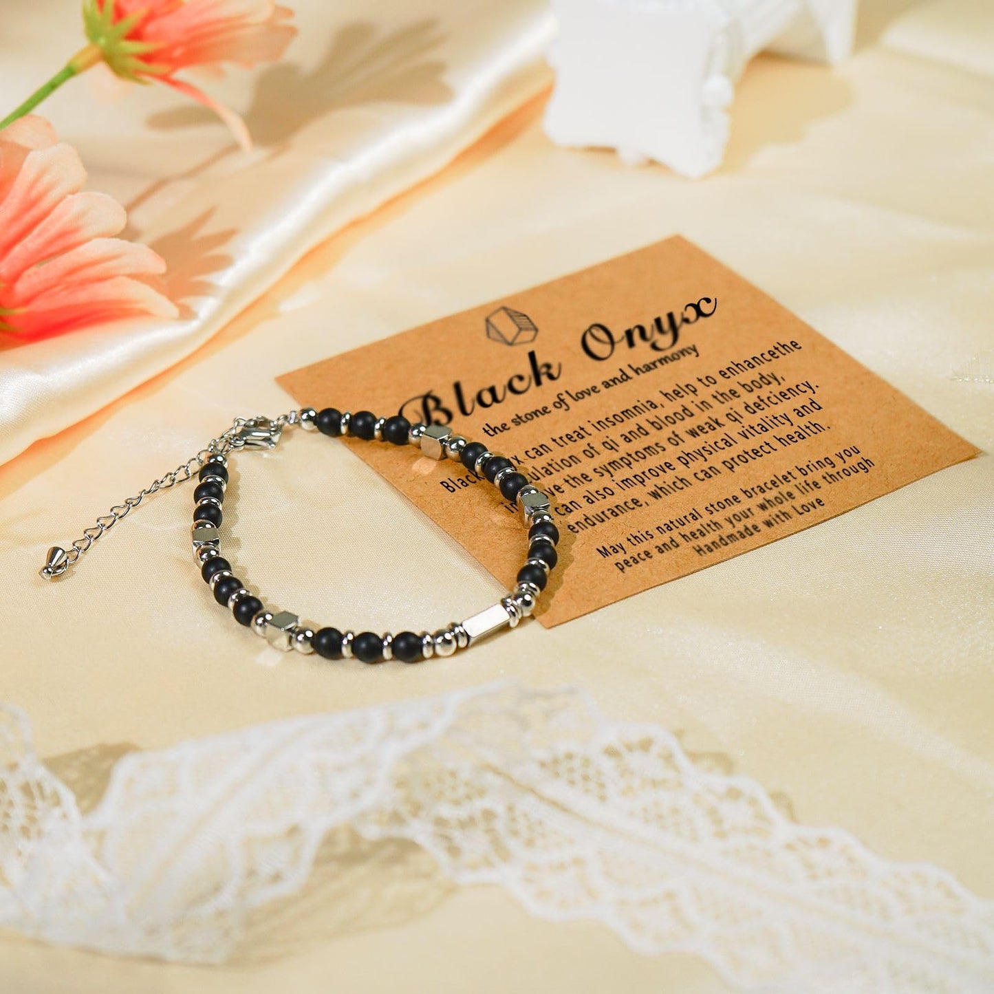 Wisedawn Black Onyx Beaded Bracelet for Women, Easter Basket Stuffers Essentials for Teens Girl Kid, Easter Gift for Women, Cystals Healing Stone Silver Tennis Friendship Beaded Bracelet