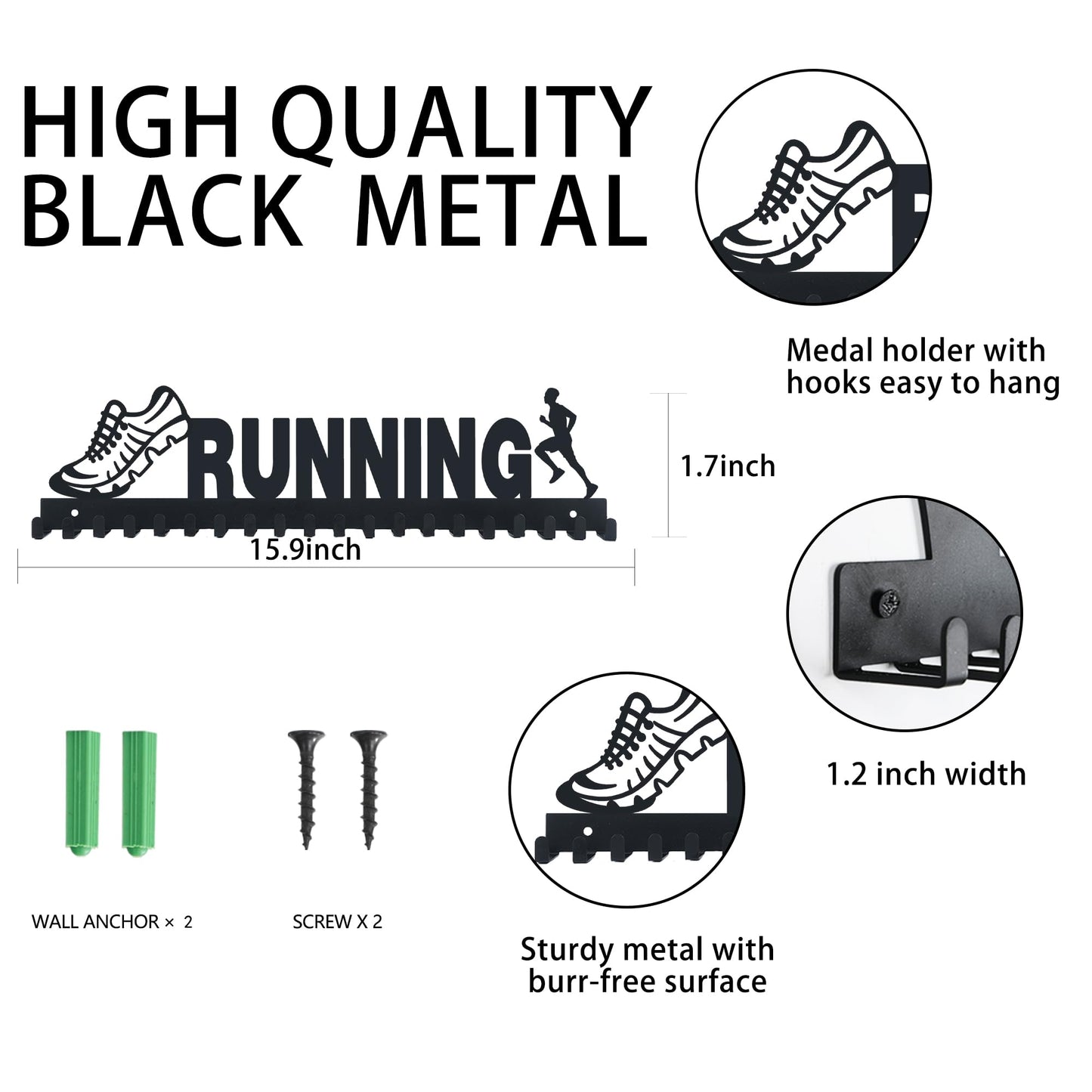 Goutoports Medal Holder Display Hanger Rack Frame for Sport Race Runner - Running Medal Hanger Display - Sturdy Black Steel Metal Over 60 Medals Easy to Install