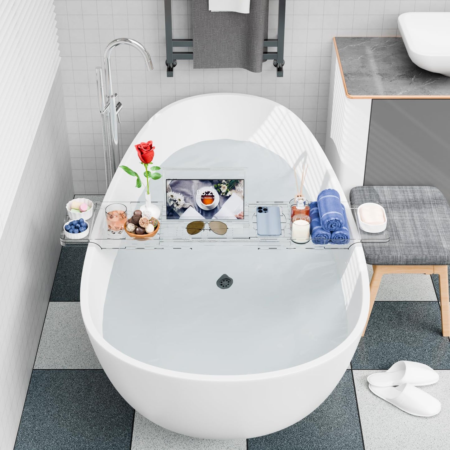 Yieach Luxury Clear Acrylic Bathtub Tray with Book Holder,Expandable Bath Tray for Tub and Bath Shelf Over Tub,Plastic Bath Table & Board,Bath Caddy Trays & Accessories for Women Relaxing Spa Gifts