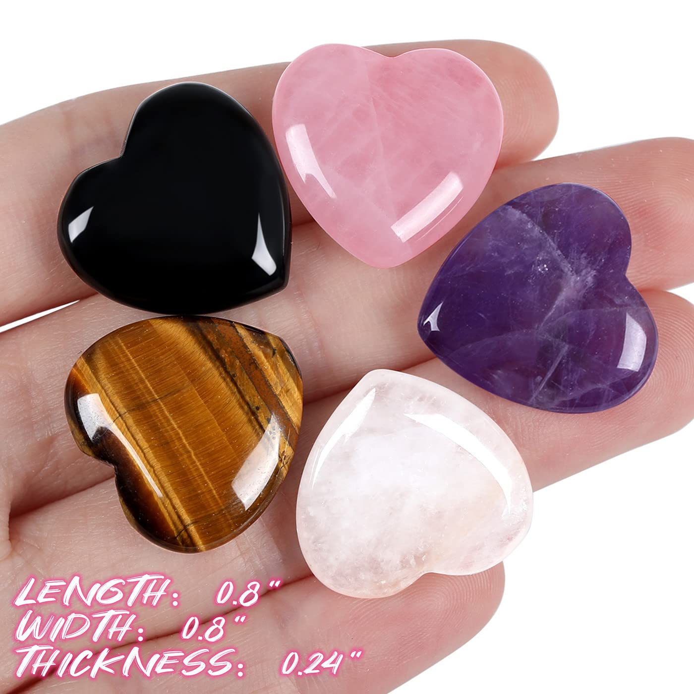 5 PCS Crystals Natural Heart Pocket Stones Polished Rose Quartz Amethyst Assorted Healing Crystals Palm Love Shaped 0.8" Gemstones Set Reiki Energy Balancing Meditation Mother's Day Gift