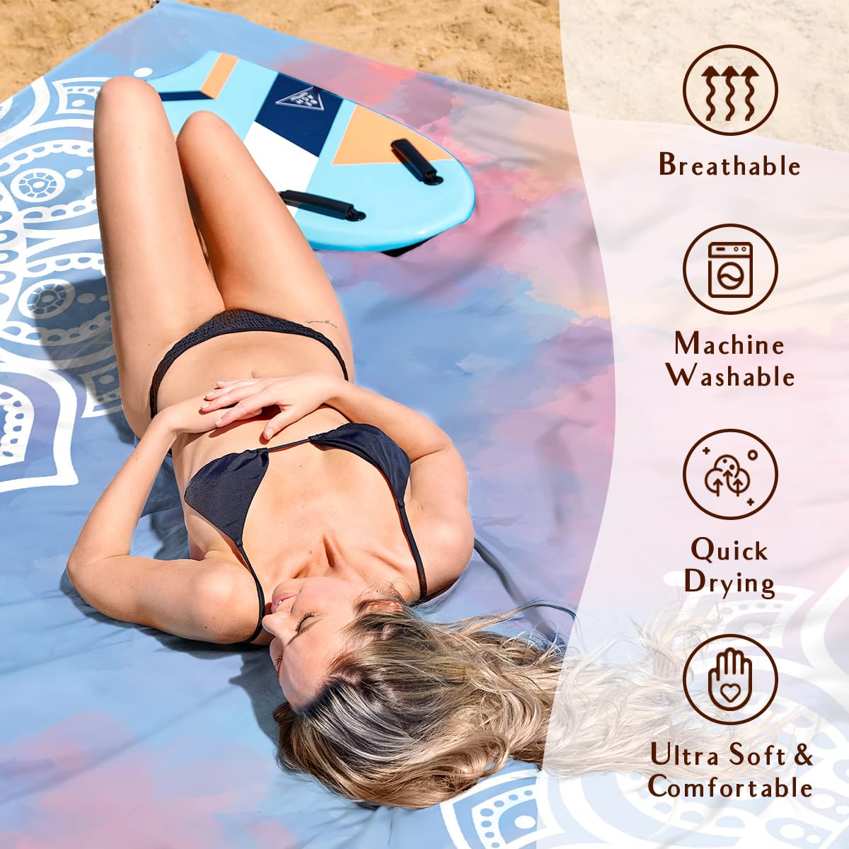 AlphaBeing Beach Blanket Waterproof Sandproof, Extra Large Beach Mat for 1–8 Adults, Oversized Picnic Blanket with 4 Stakes & Storage Bag, Essential Beach Gear for Travel (Mandala, 120“×108”)