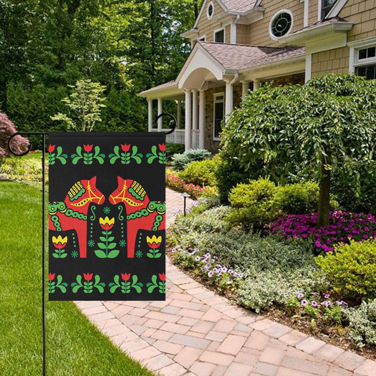 Double Horse Garden Flag Yard Decor Double Sided, Swedish Dala Horse Garden Flag Stand For Patio Lawn Garden Outside 12"x18"