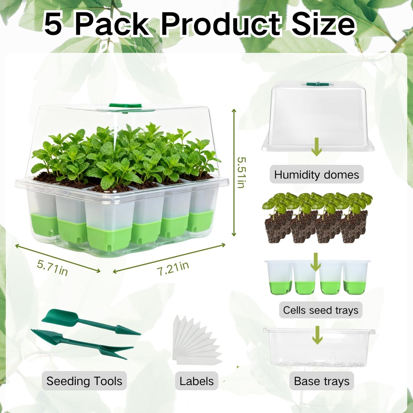 ZSYWODFO Silicone Seed Starter Tray with Humidity Dome, Indoor Seedling Starter Kit, 5-Pack Flexible Germination Trays - Adjustable Vent, Reusable & Dishwasher Safe for Herbs/Vegetables/Flowers