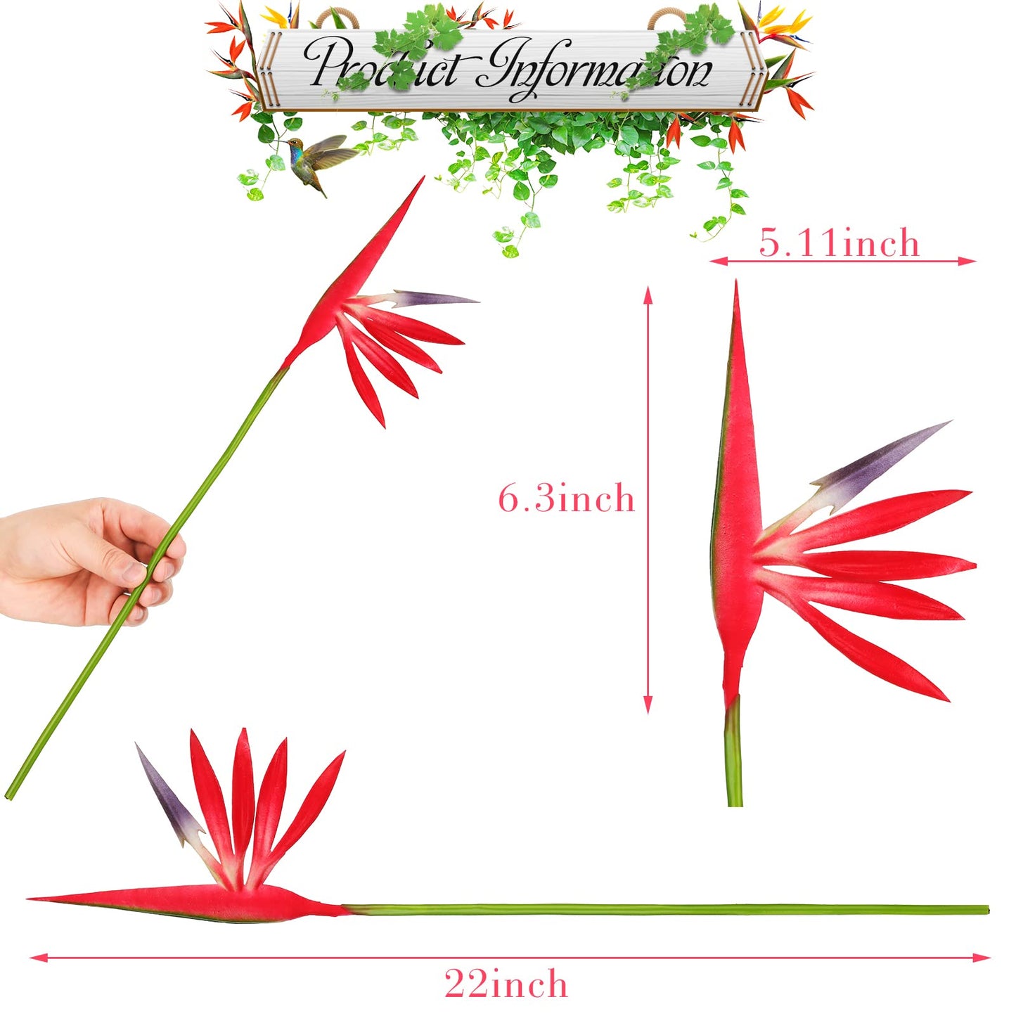 Giegxin 10 Pieces Bird of Paradise Artificial Plant 22 Inch Hawaiian Tropical Flowers Faux Flowers Bouquet Large Elegant Green Plant for Home Garden Decoration Office Wedding Decor Supplies (Red)
