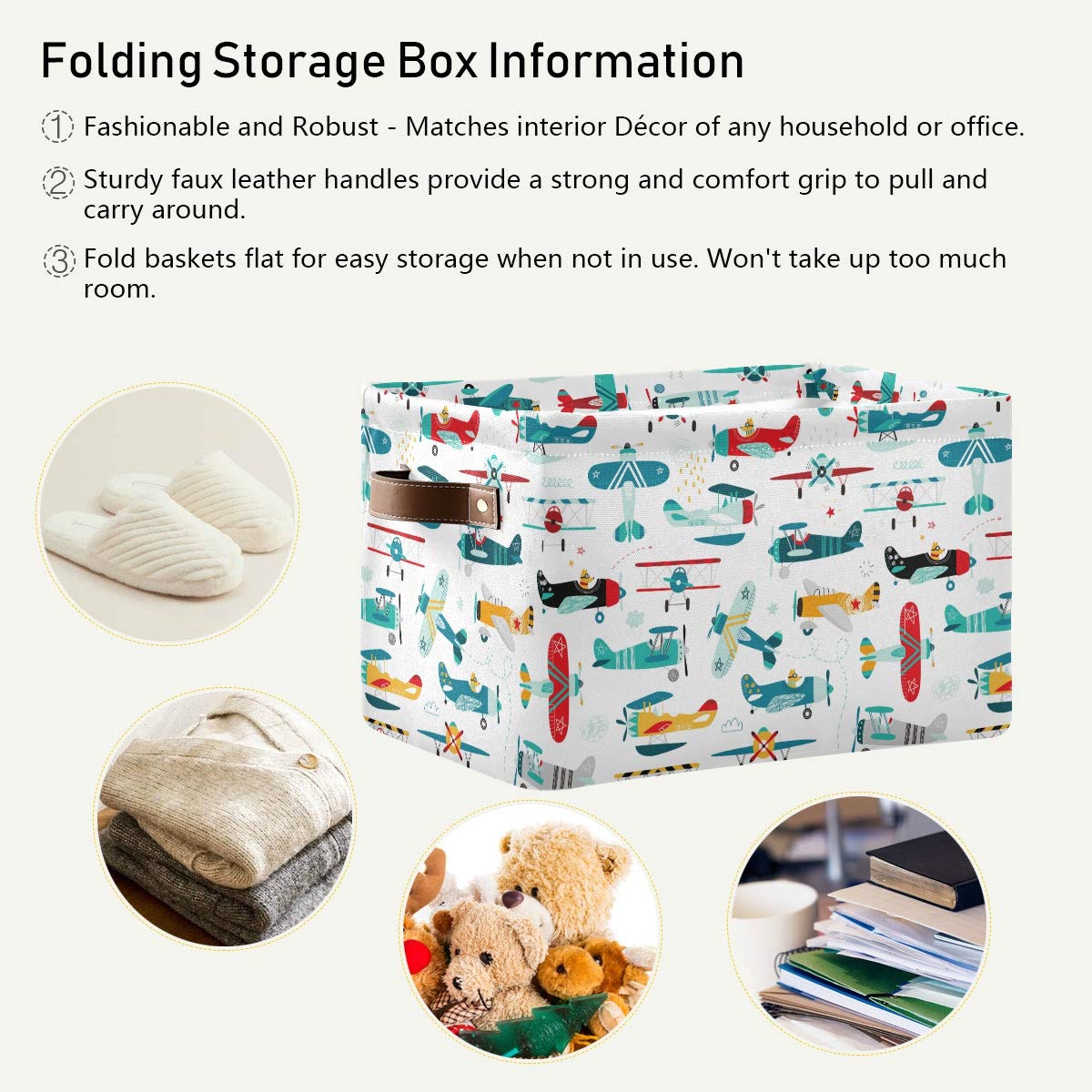 Storage Basket Cube Cartoon Airplane Helicopter Large Collapsible Toys Storage Box Bin Laundry Organizer for Closet Shelf Nursery Kids Bedroom,15x11x9.5 in,2 Pack