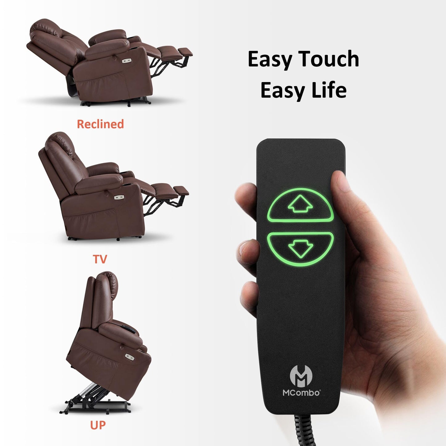 MCombo Electric Power Lift Recliner Chair Sofa with Massage and Heat for Elderly, 3 Positions, 2 Side Pockets, and Cup Holders, USB Ports, Faux Leather 7040 (Light Brown, Medium)