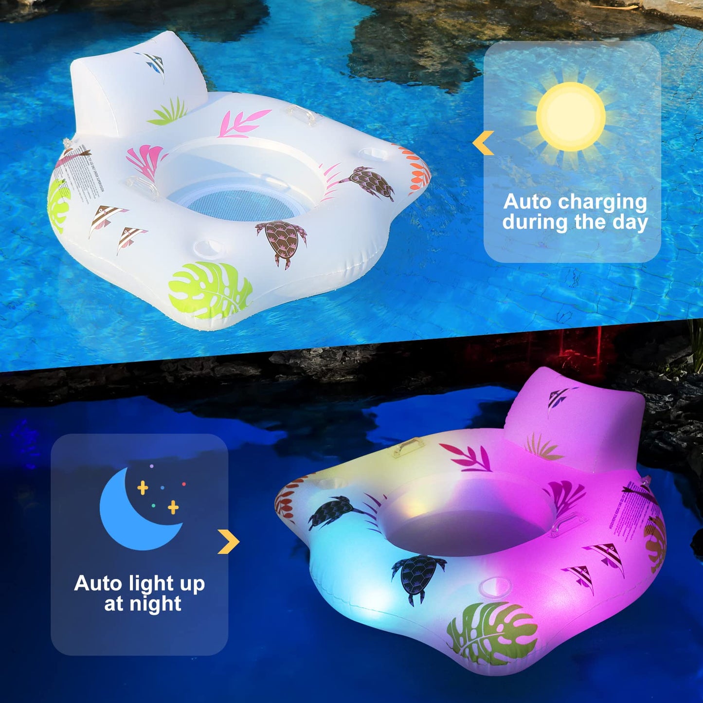 DeeprBlu Inflatable Pool Floats Chair with Color Changing Light, Solar Water Floats for Adults with 2 Cup Holders & 2 Armrests, Beach Float Pool Sofa, Pool Raft Lounge Pool Floaties for Adult