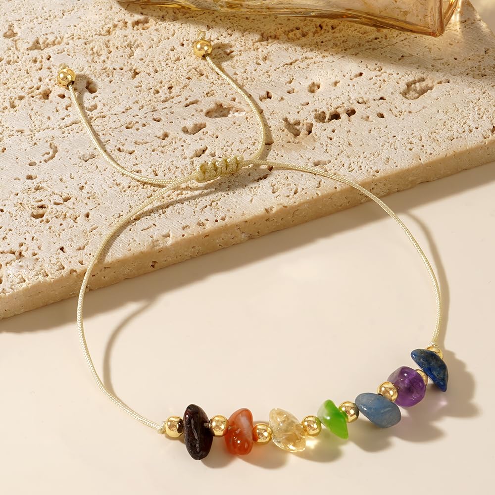 SHINUS BOHO Handmade Healing Colorful 7 Chakra Crystal Bracelets for Women,Gold Rainbow Quartz Beaded Gemstone Adjustable for Friendship Holiday Birthday Jewelry Gift.