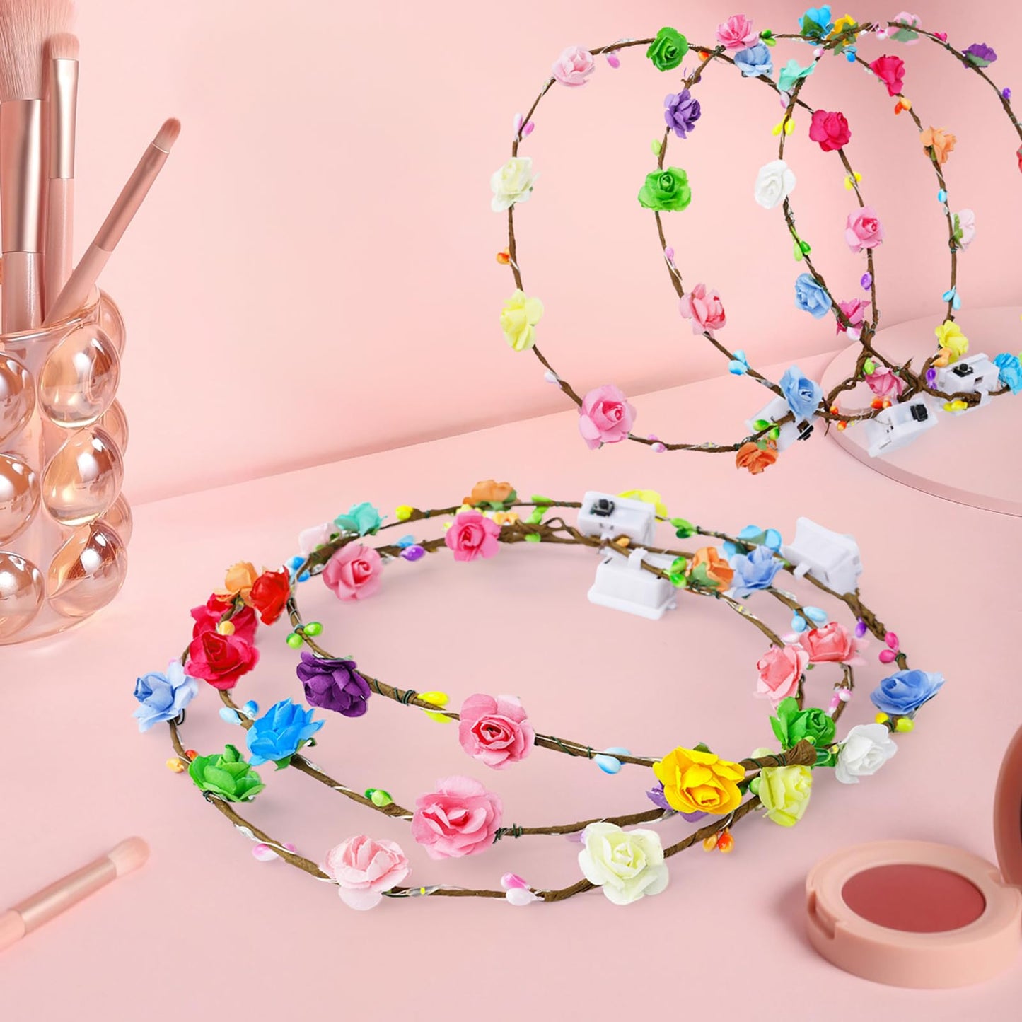 HONLYNE 100 PCS LED Flower Crowns Headbands, Light Up Flower Crowns For Women, Glow in the Dark Headband for Wedding Reception Birthday Christmas Mardi Gras Cosplay Princess Party Favors