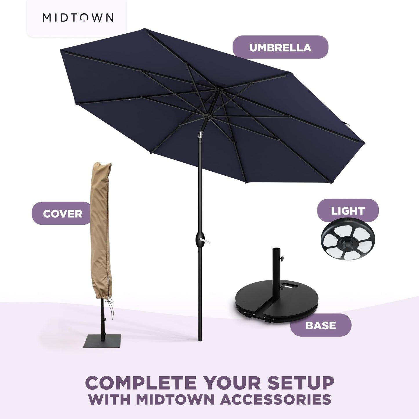 Midtown Umbrellas - 10-Year-No-Fade 9 Ft Patio Umbrella with Terylast Fabric, Auto-Tilt Aluminum Frame and 8 Reinforced Ribs for Deck, Pool, Garden & Beach - Navy Blue Canopy, Black Pole
