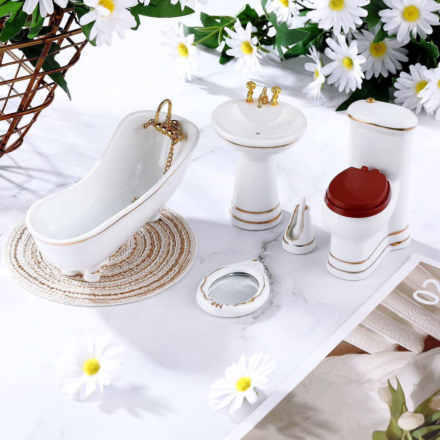 Skylety 6 Pieces 1:12 Dollhouse Bathroom Set Porcelain Miniature Furniture Toys Ceramic Dollhouse Toilet Basin Bathtub Mirror Doll Bathroom Accessories