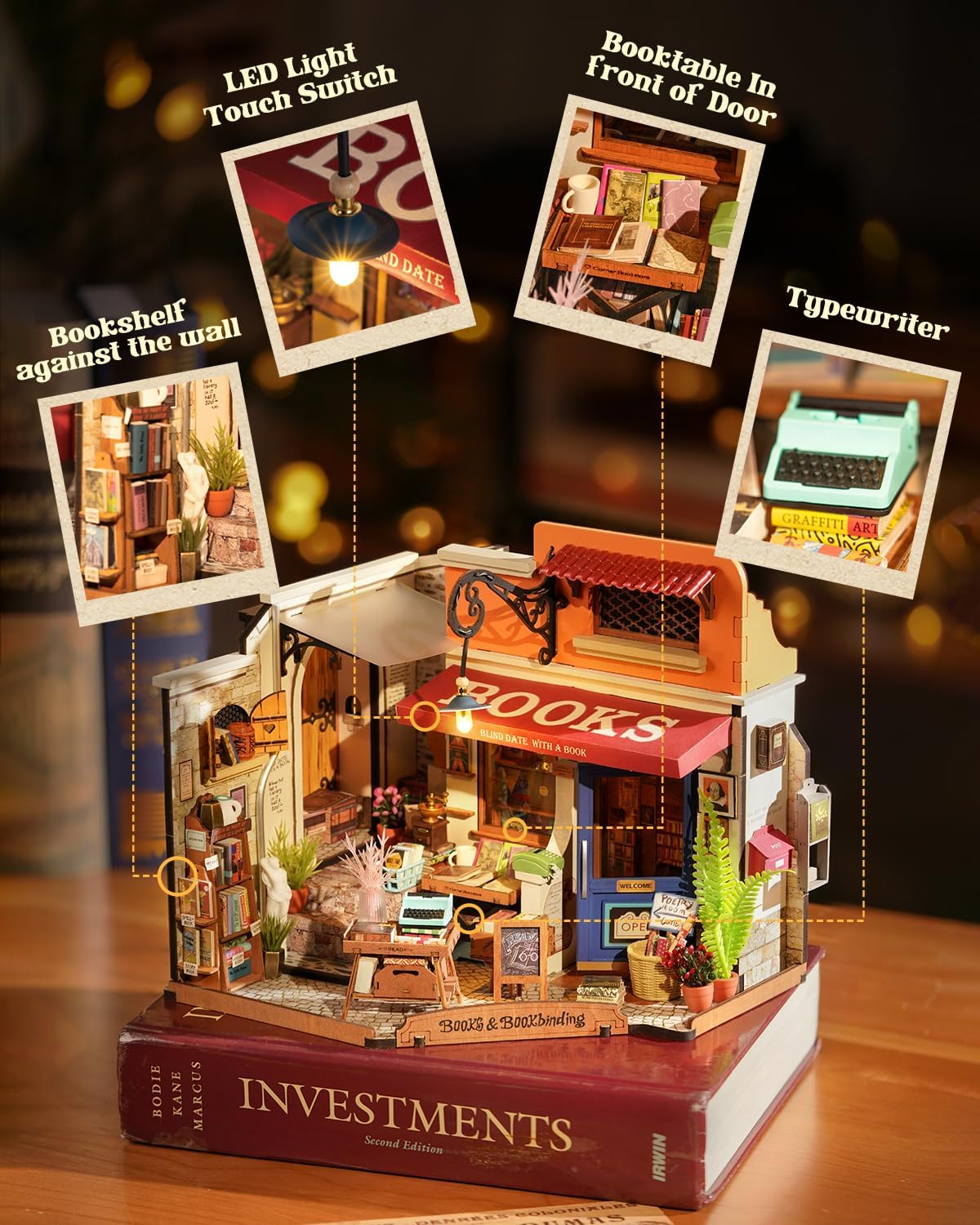 Rowood Miniature House Kit,Mother's Day Mini House Building Kit with LED,DIY Dollhouse Craft Kits for Adults,Birthday for Women Ages 14+(Corner Bookstore)