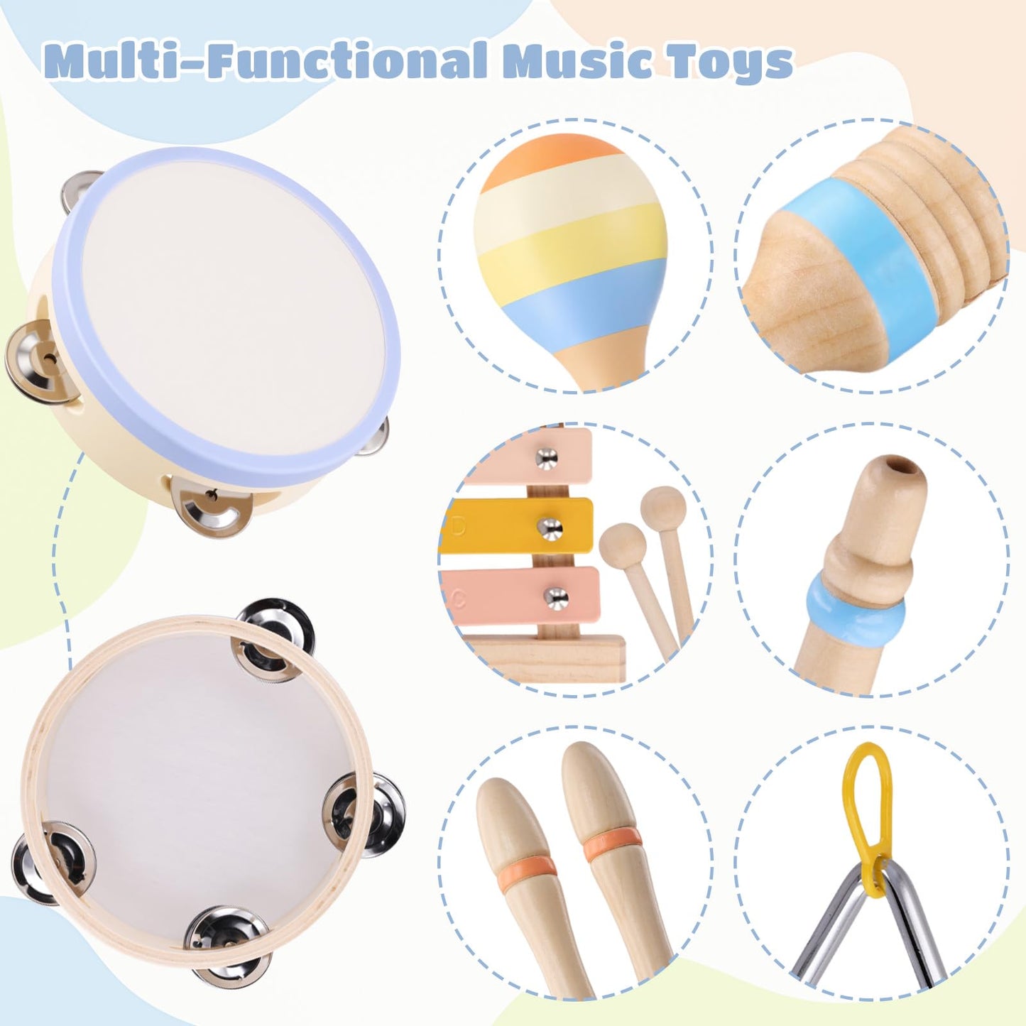 Baby Musical Instruments, Montessori Wooden Musical Toys for Toddlers 1–3, Xylophone Tambourine Triangle Maracas, Wooden Baby Instruments, Kids Preschool Educational Toys, Birthday Gift for Boys Girls