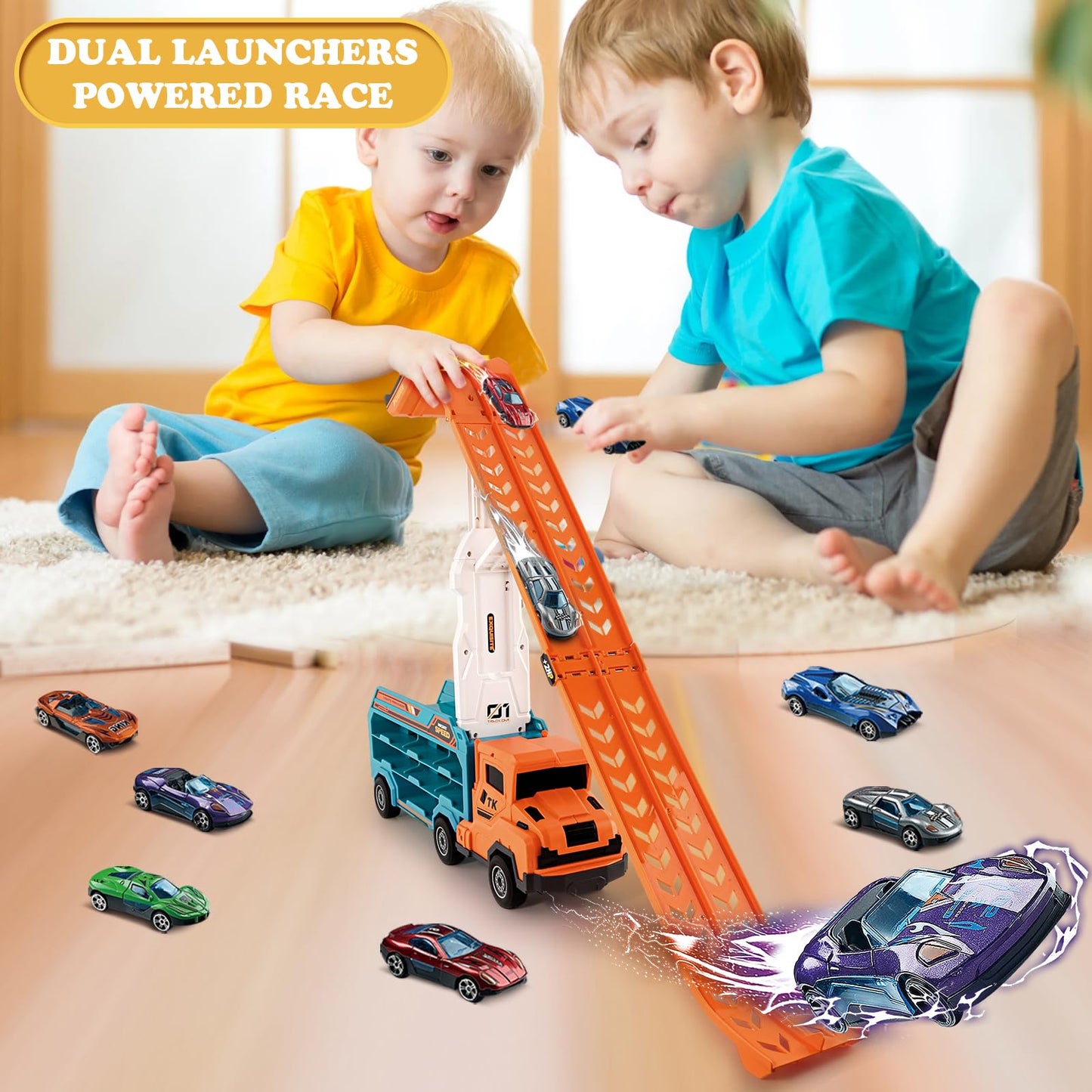 Toddler Car Truck Toys,Car Carrier Truck Toy for Kids Age 3-5 4-8,Foldable Car Track Sets with 2.8-Ft Race Track and 6 Die-Cast Race Cars, Truck Toys Gifts for 3 4 5 6 7 8+ Year Old Boys Girls(orange)