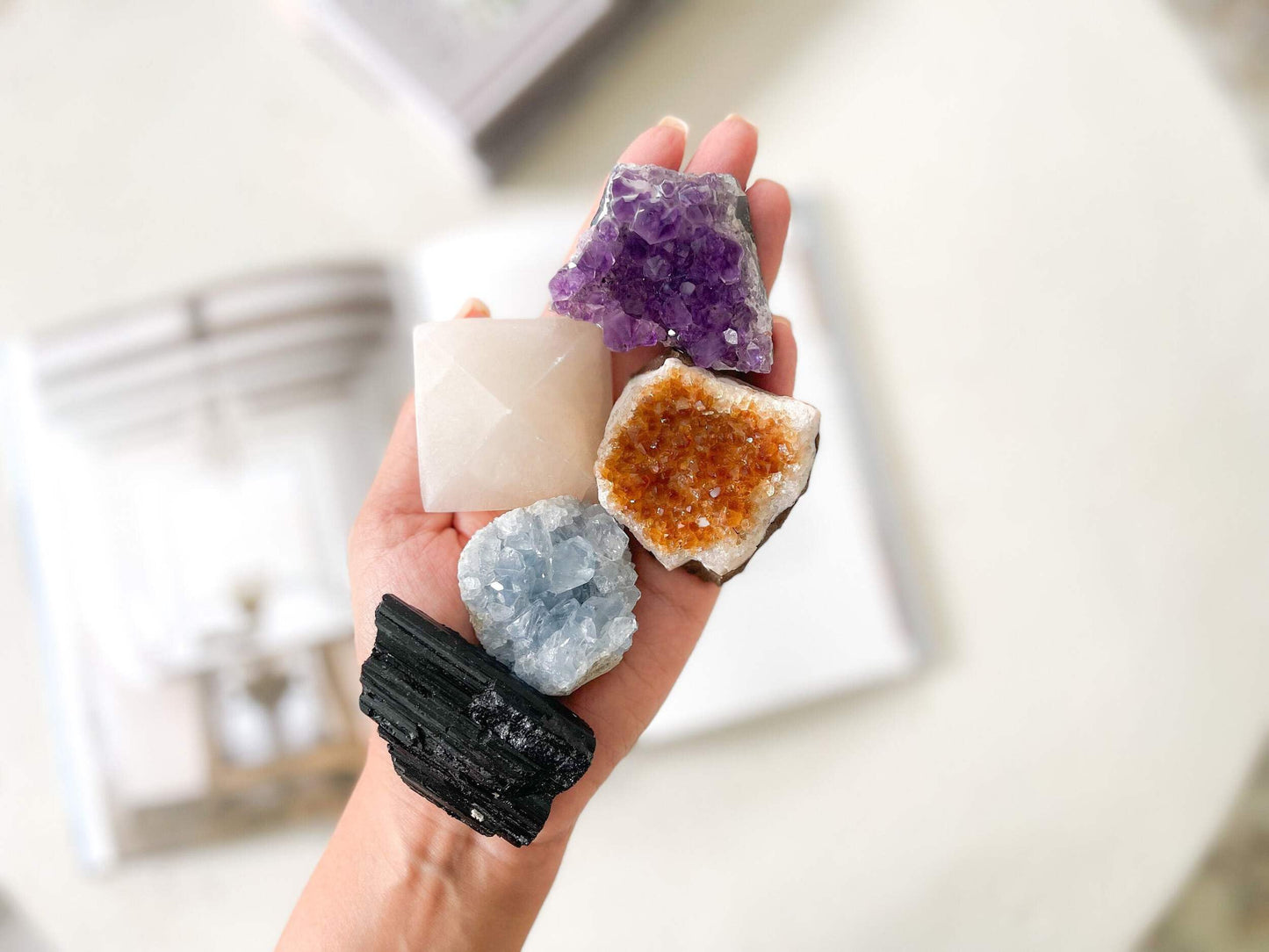 Crystal Set, 5 Pieces - Amethyst, Citrine, Celestite, Selenite, Black Tourmaline