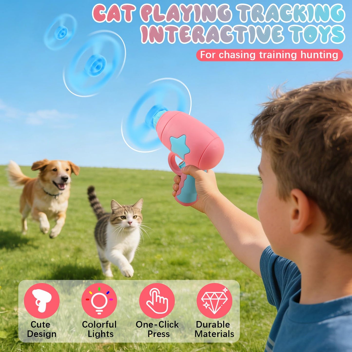 2PCS Bamboo Dragonfly Catapult Launcher, Interactive Cat Fetch Toy Launcher with LED Flying Disc Propeller, Outdoor Flying Saucer Blaster for Pet Exercise & Night Play(Pink+Blue)
