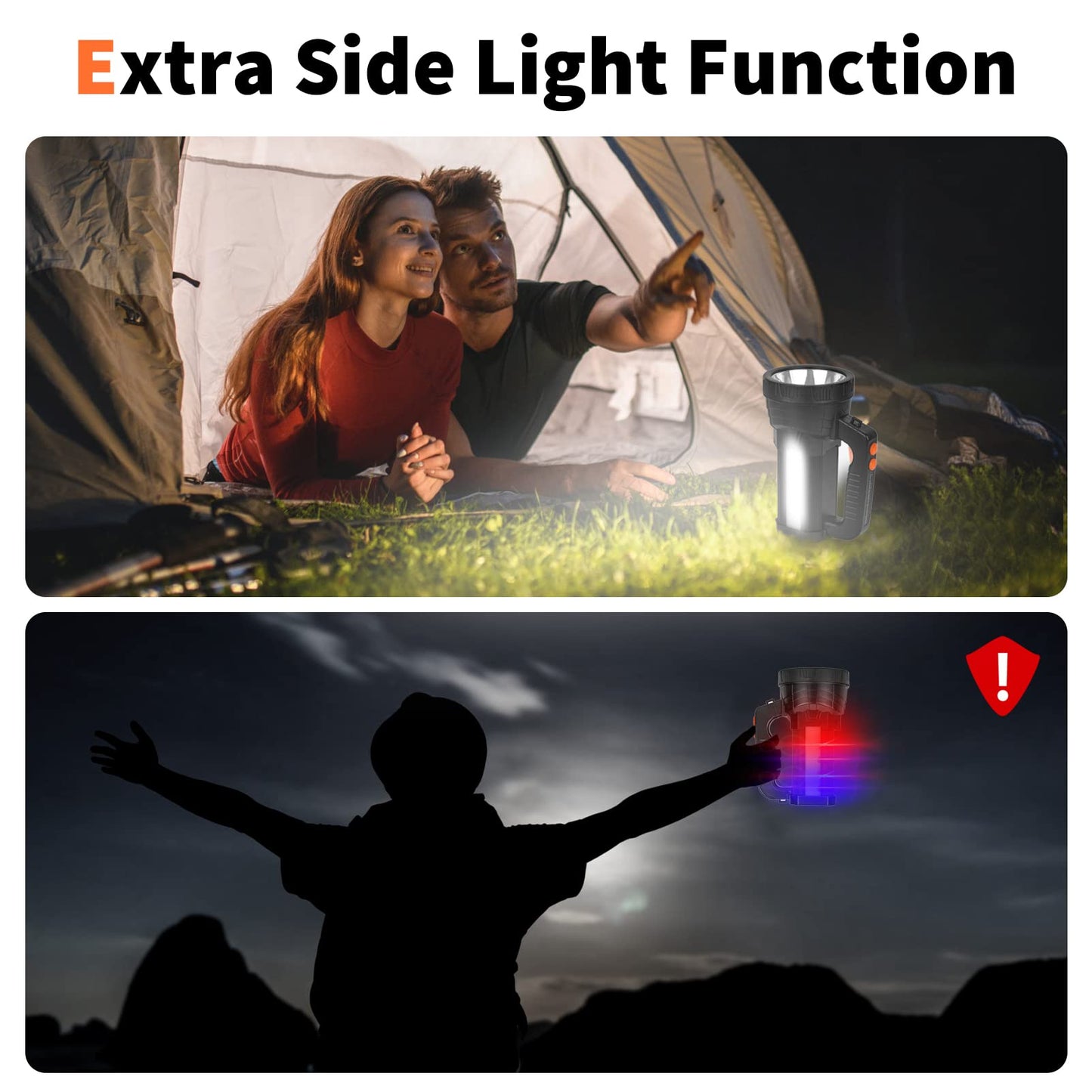 WEILAI Super Bright Handheld LED Flashlight, USB Rechargeable Powerful Searchlight with 6 Light Modes, Waterproof Tactical Torch, Portable Lantern with Side Floodlight for Camping, Hunting, Emergency