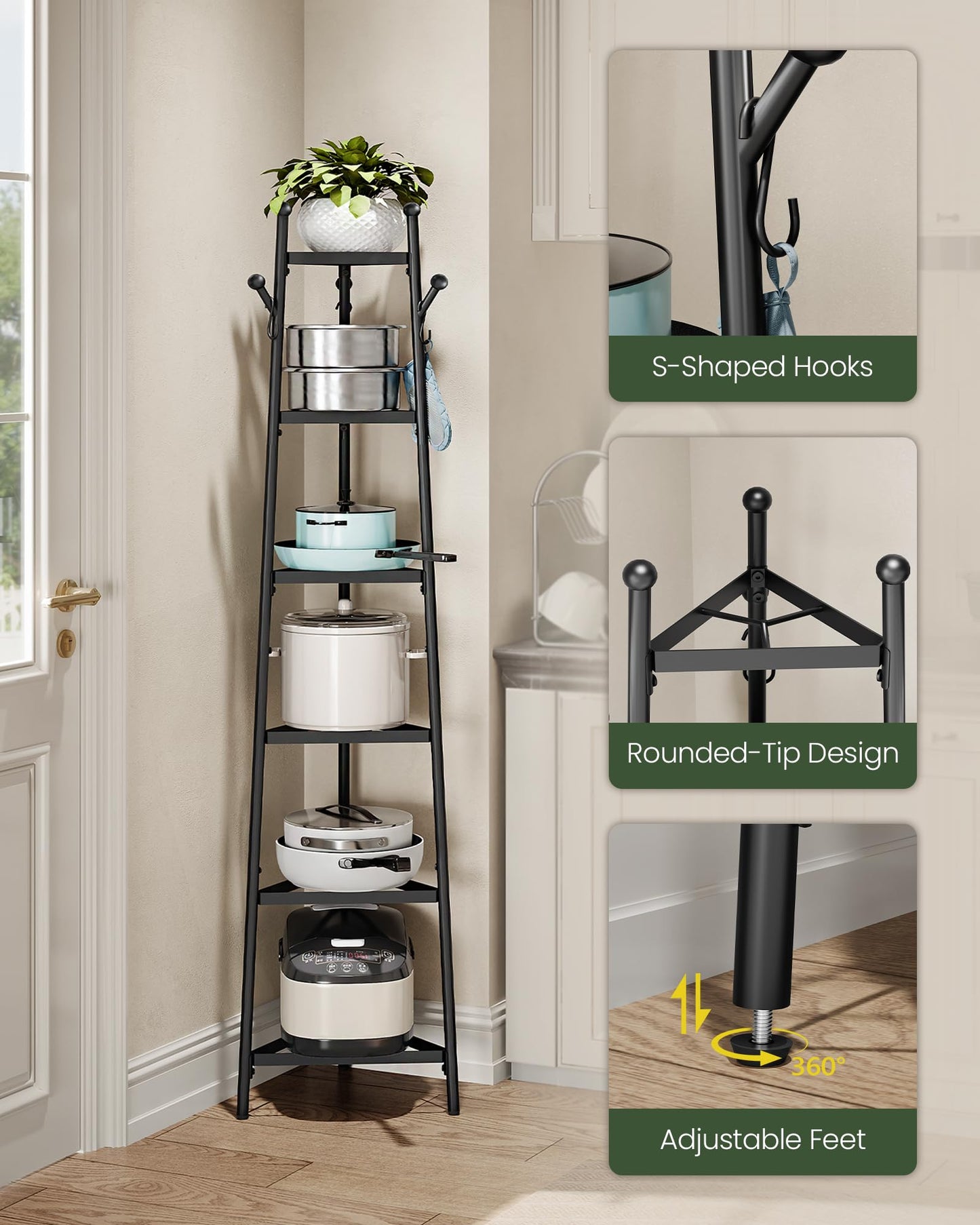 CHOEZON Pot Racks, 6-Tier Cookware Stand, Triangle Shelf Storage Tower for Kitchen, Pans Pots Storage Rack, Metal Wire Shelf Organizer, Corner Shelf, for Kitchen, Living Room, Black TPR15BB