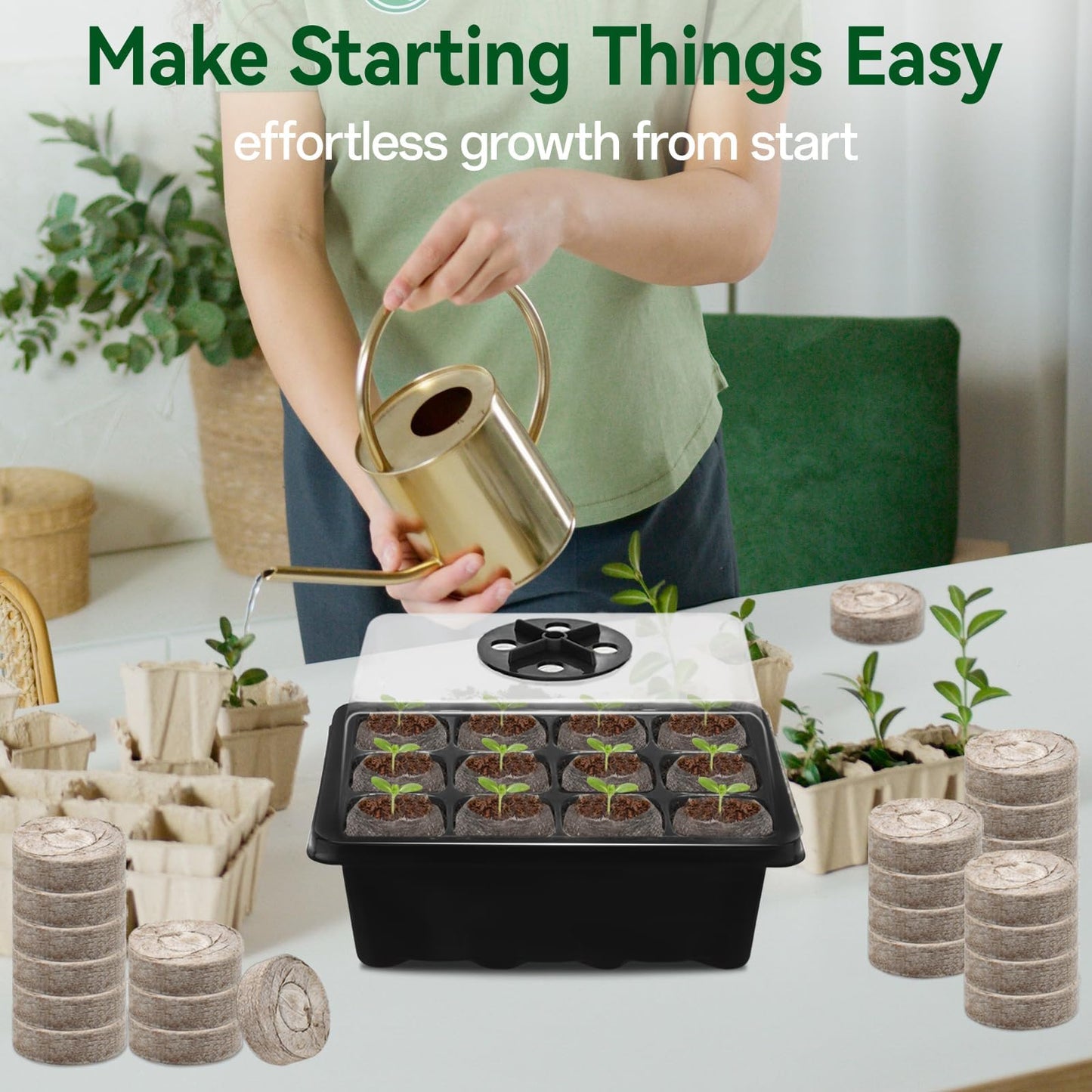 Halatool 4 Pack Seed Starter Tray with 50 PCS Peat Pellets, 48 Cells Black Seeding Starter Trays for Organic Seed Starter Soil Pods for Planting Vegetables Plants Flowers - Starting Seeds Kit