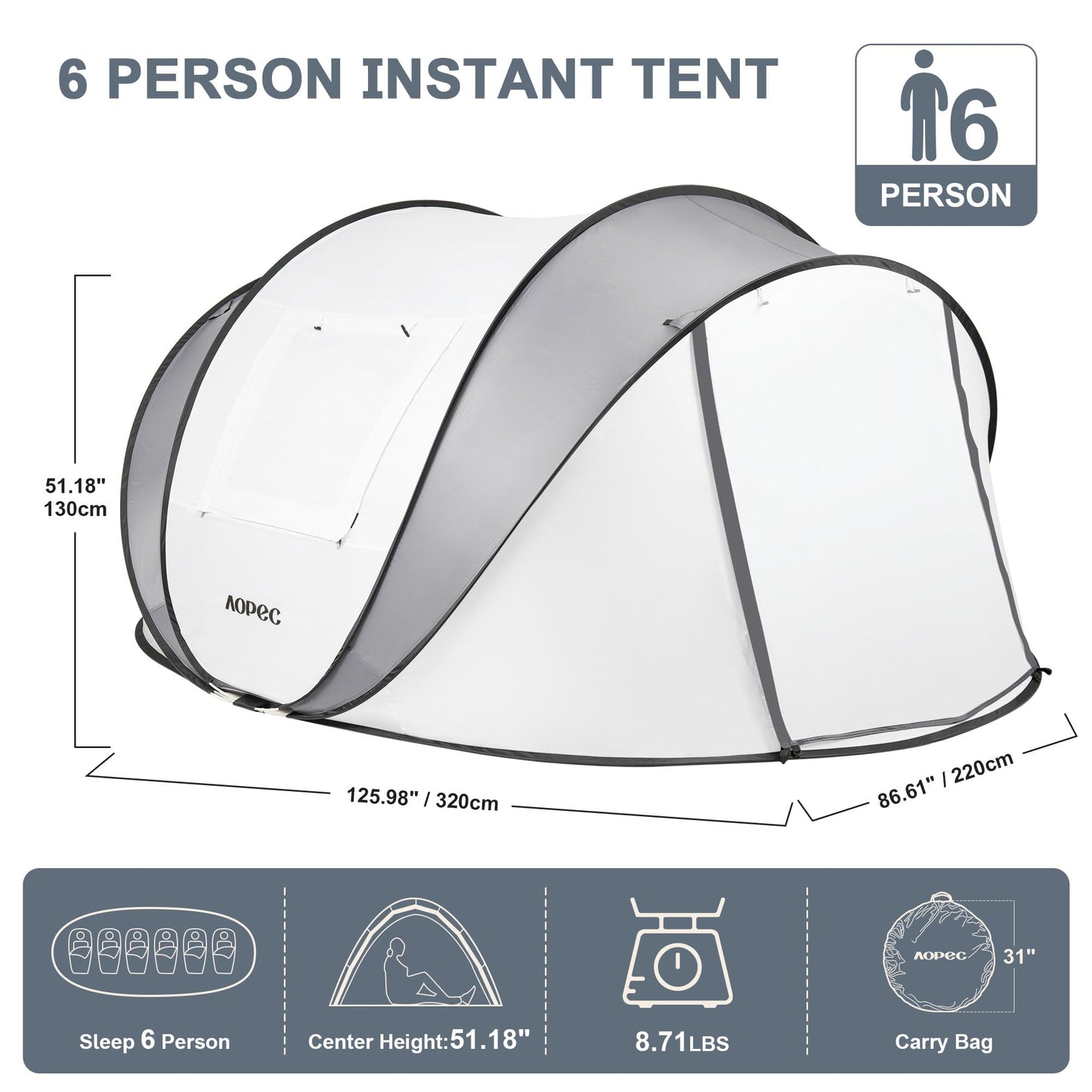 AOPEC Pop Up Camping Tent, 2/4/6 Person Instant Tent Waterproof PU4500mm, Spacious Ventilated Camping Tent with Front Porch, Quick Setup Lightweight Portable for Outdoor Camping Hiking Beach
