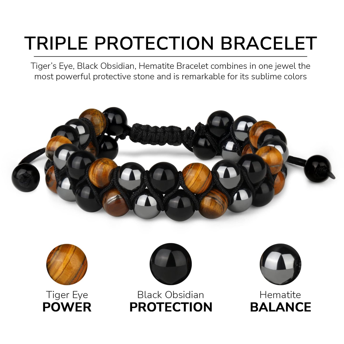 Crystal Vibe 8mm Triple Protection Bracelet - Beaded Bracelet with Natural Stones of Tiger Eye, Hematite, Black Obsidian - Elastic Adjustable Crystal Bracelet for Anxiety Relief, Spiritual Healing