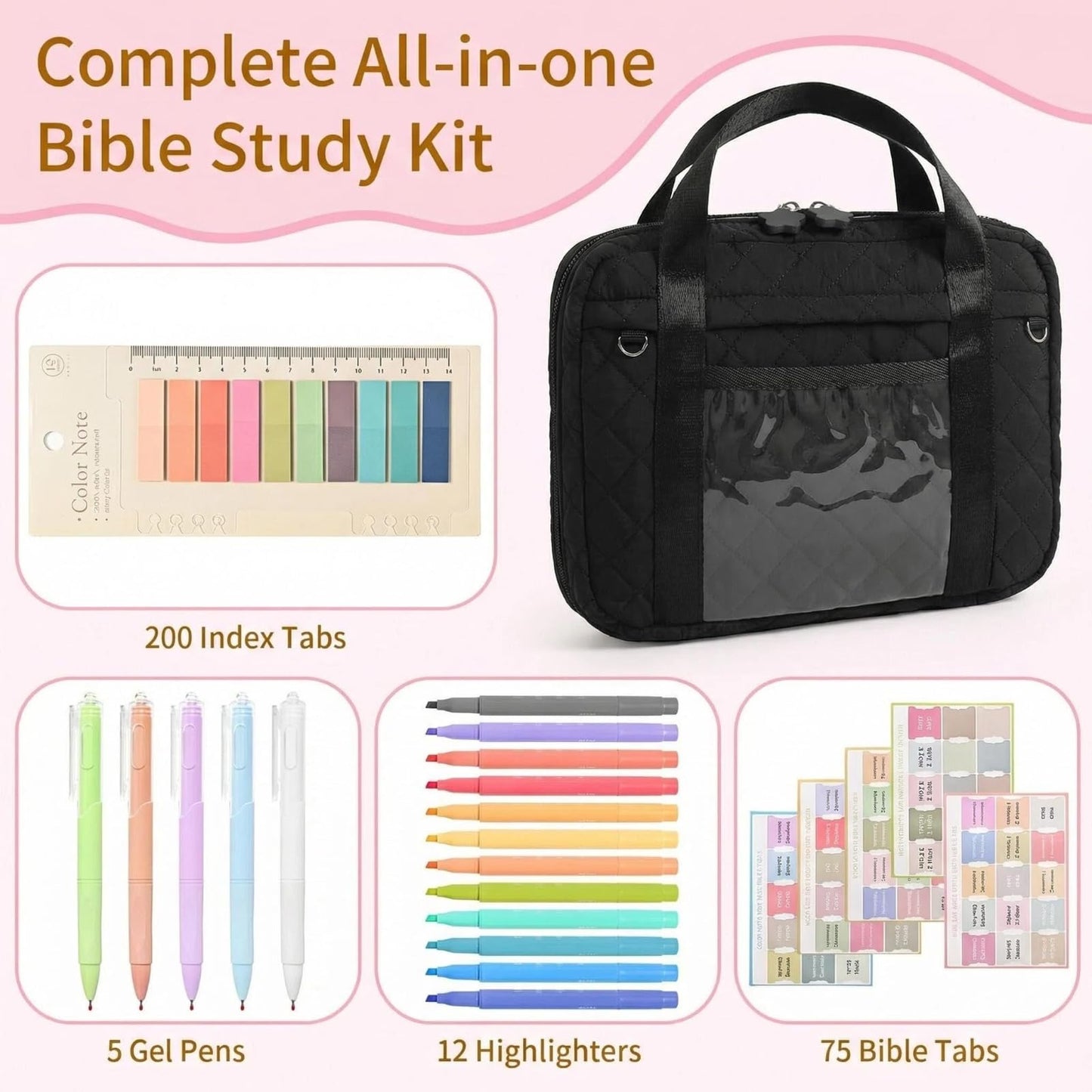 Quilted Bible Cover for Women, Zippered Bible Case with Handle, Bible Organizer Bag w/Multiple Pockets & Pen Slots Lightweight Bible Tote Bag for Church Study, Gifts for Women (Black)