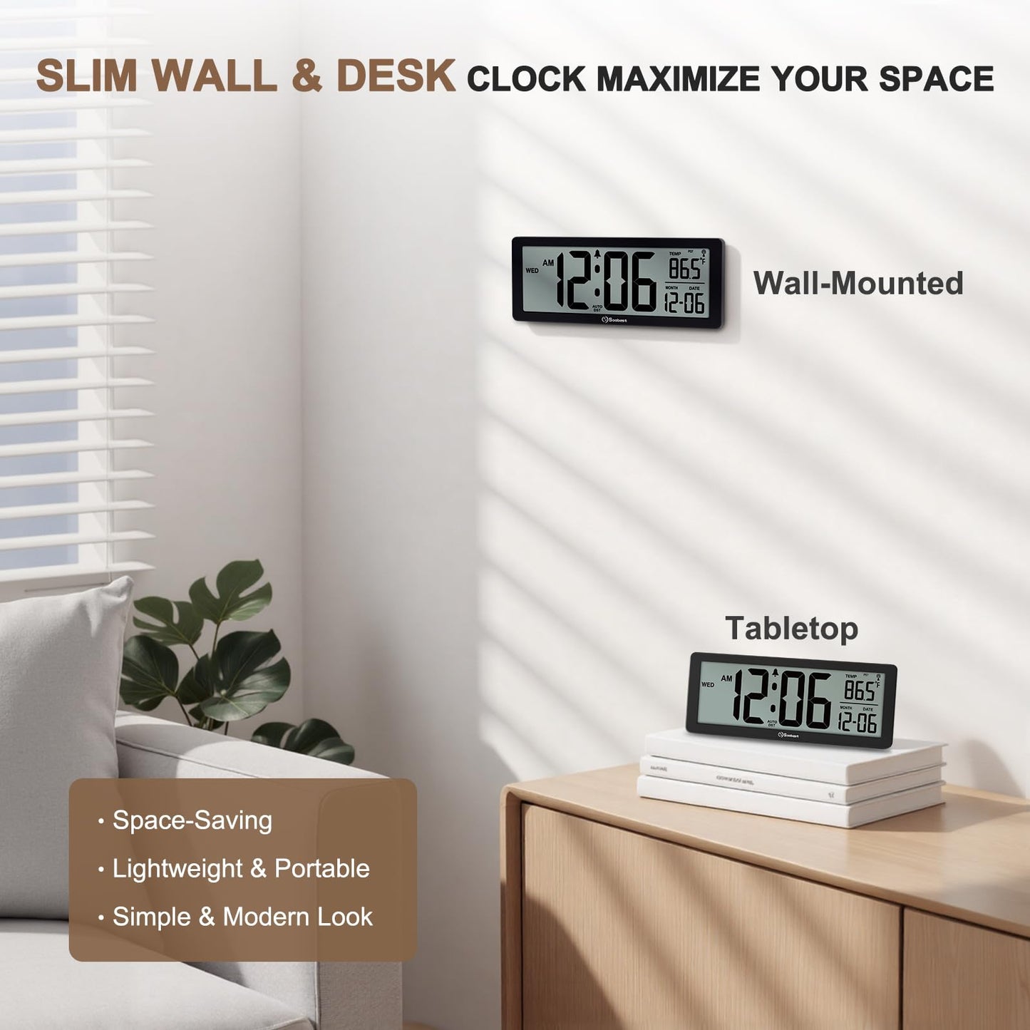 Soobest 8.5" Atomic Digital Wall Clock, Never Needs Setting, Auto Time Sync, Accurate & Easy to Use Clock with Backlight, Battery Operated, Temperature, Date, Auto DST, 4 Time Zones