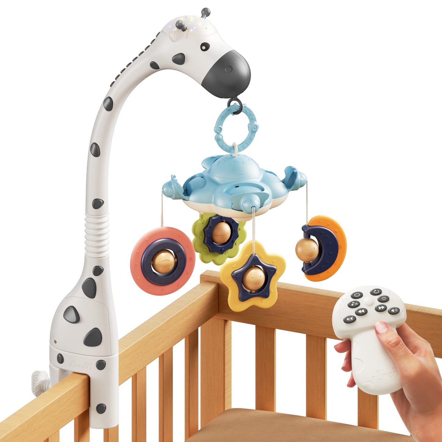 TUMAMA Baby Crib Mobile,3 in 1 Crib Toys with Remote Control,Projection Night Light, Music and White Noise, Mute Spin Motor Nursery Sensory Toys for Infant 0 3 6 9 Month Newborn Xmas Gift