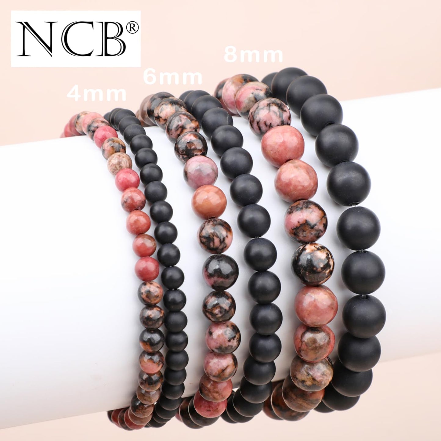 NCB 2-Piece 6mm Natural Crystal Gemstone Stretch Bracelets – ﻿Pink Black Rhodonite, Matte Black Agate Handmade Reiki Energy Healing Jewelry for Meditation,Yoga, Unisex