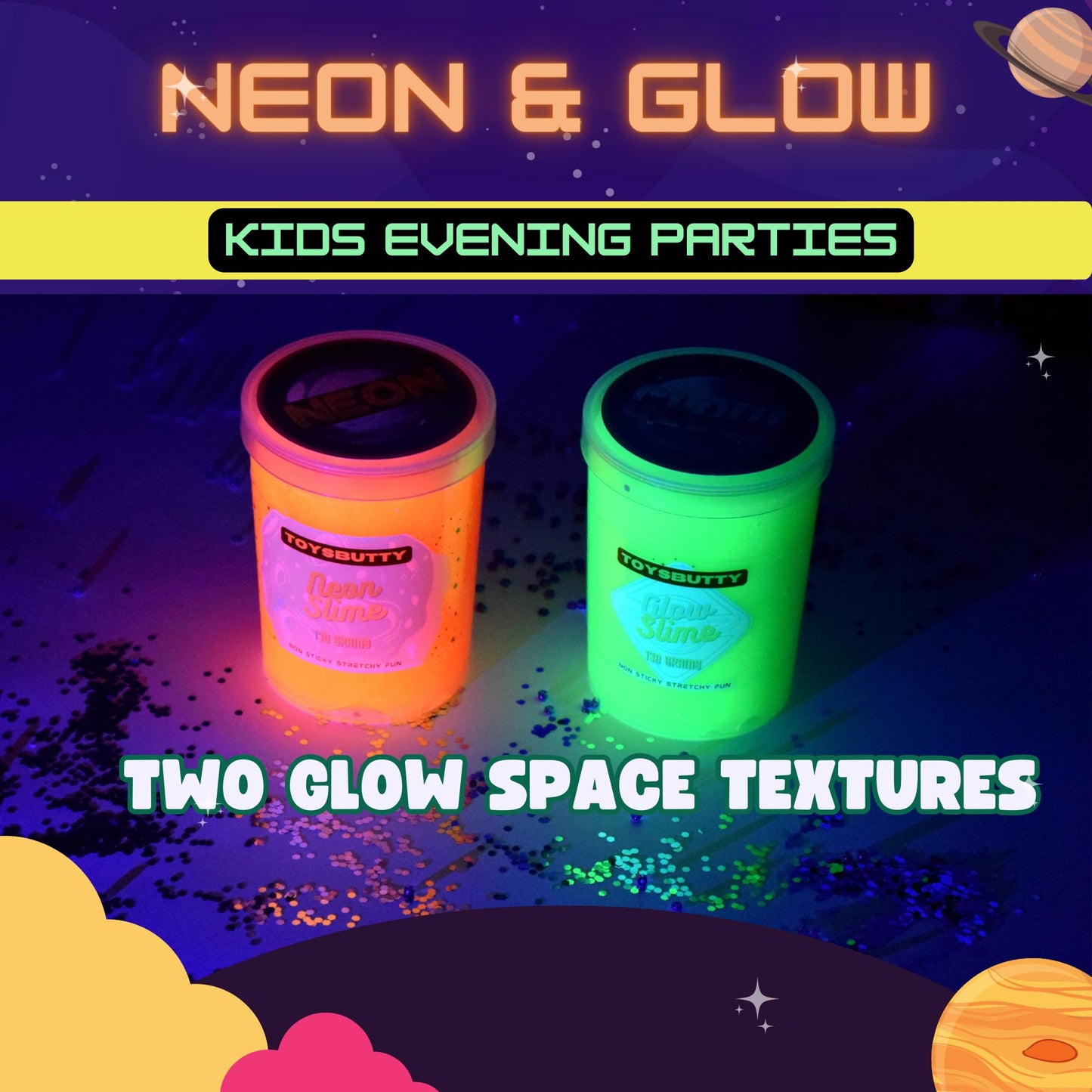 FINOCLAY Galaxy Slime Kit for Kids, 6 Pack Different Scented Strechy Metallic Slime with 15 Space Charms and Mixins, Glow Neon & Clear Putty Toy Set for Girls Boys, Space Adventure Party Toy