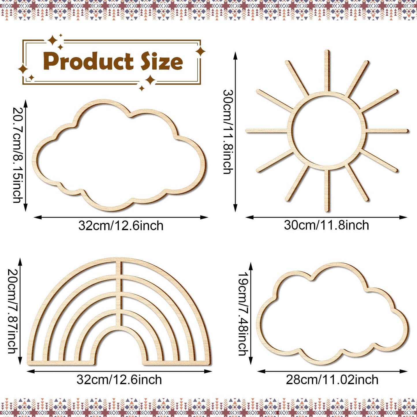 4 Pieces Boho Nursery Cloud Star Wall Decor Wooden Babyroom Moon Rattan Wall Decor Wooden Rainbow for Children Baby Kids Boys Girls Bedroom Nursery Pendant(Cloud Rainbow Sun)