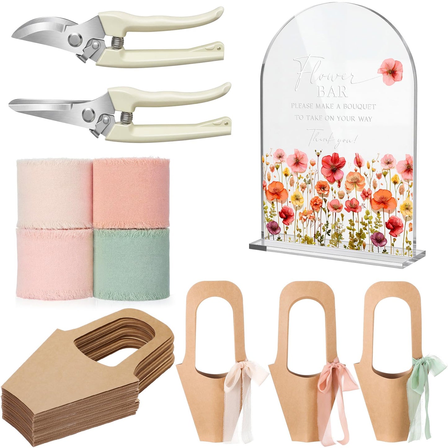 Kolldenn 37 Pcs Flower Bar Supplies Include Acrylic Flower Bar Sign Bouquet Wrapping Gift Bags with Handle Chiffon Ribbon Garden Scissors for Floral Bloom Decor (Arc)