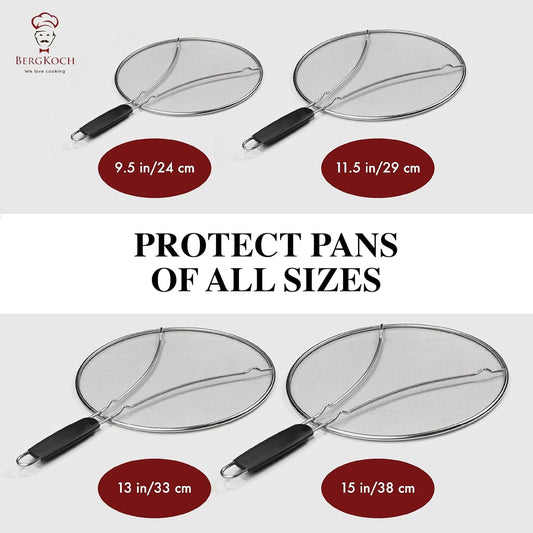 BergKoch Splatter Screen for Frying Pan - 9.5/11.5/13 Inch Stainless Steel Grease Splatter Guard (Set of 3) - Cover Oil Splash when Sizzling Bacon, Cooking Fried Chicken or Popcorn