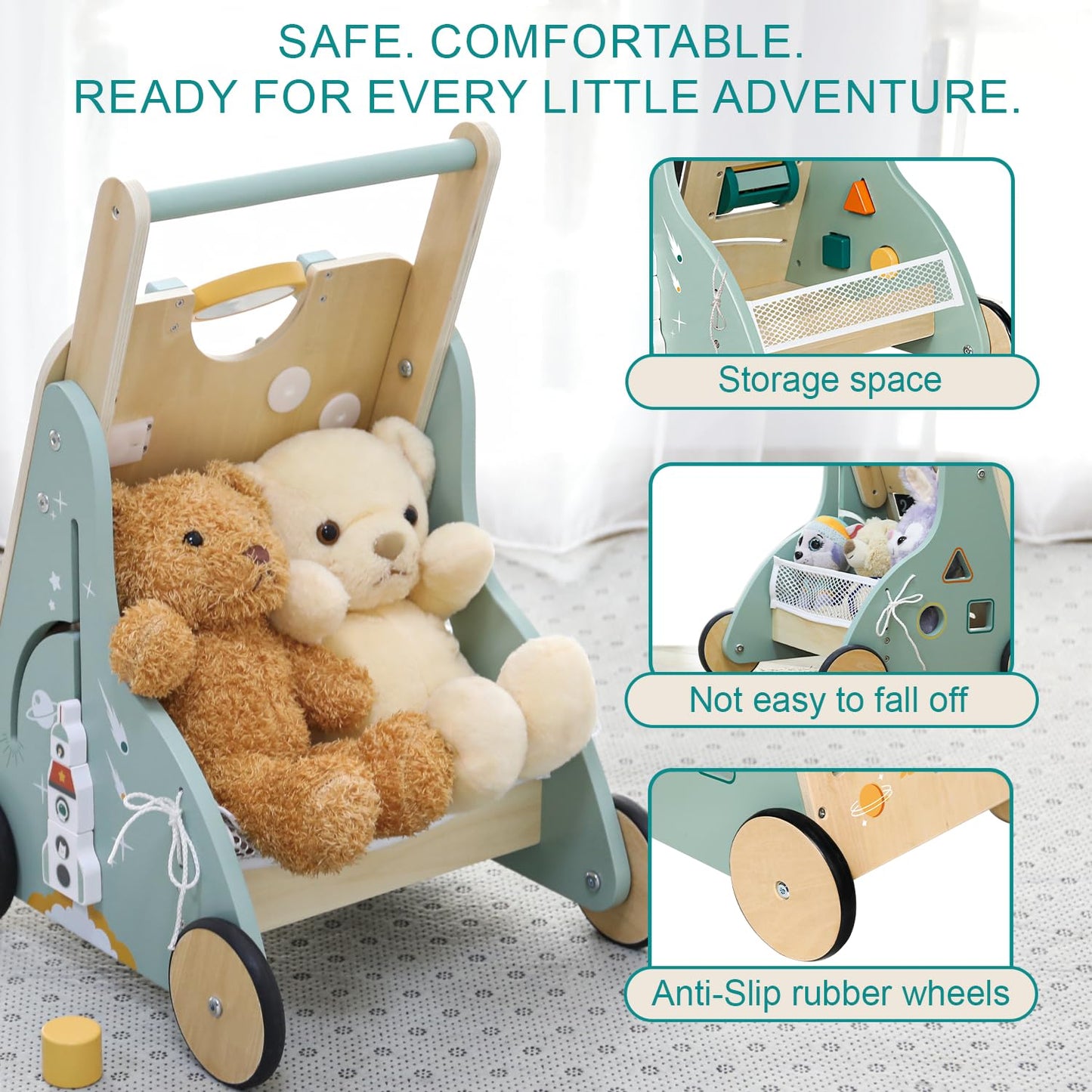 MILEFUN Adjustable Wooden Baby Walker – Montessori Push Toy for 1 Year Old with Rocket-Themed Activity Center, Sit-to-Stand Walker Gift for Boys and Girls