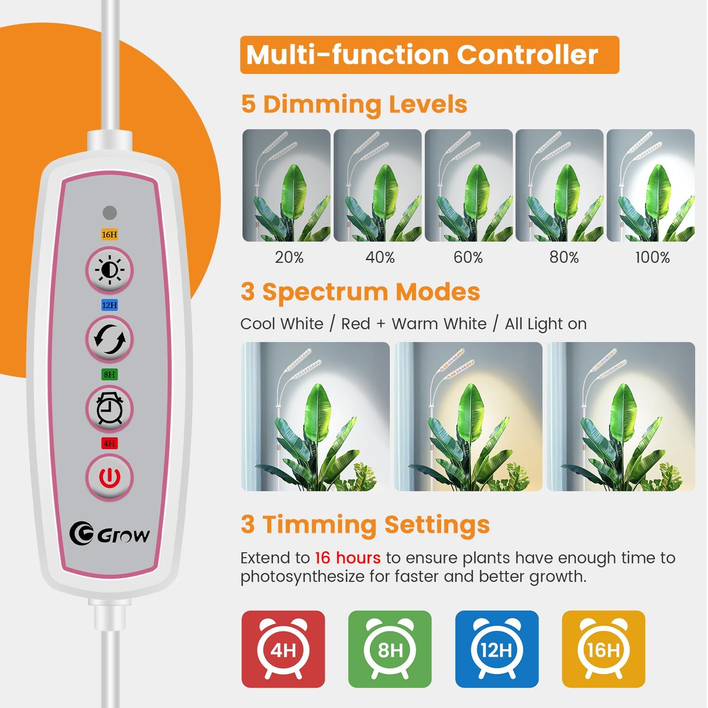 Kullsinss Grow Lights for Indoor Plants with Stand, 2-Heads Full Specturm Plant Grow Light with 4/8/12/16H Timer, 3 Color Modes, 360° Flexible Gooseneck, 24-68.7in Hight Adjustable Plant Growing Lamp