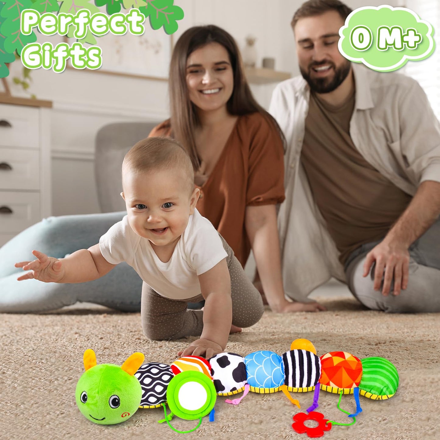 Vpkefla Baby Toys 0-6 6-12 Months, Stuffed Animal Infant Tummy Time Toys Sensory Toys with Crinkle, Rattles, Textures and Mirror Gifts for Newborn Boy Girls Toddlers, Caterpillar Musical Toy (Green)