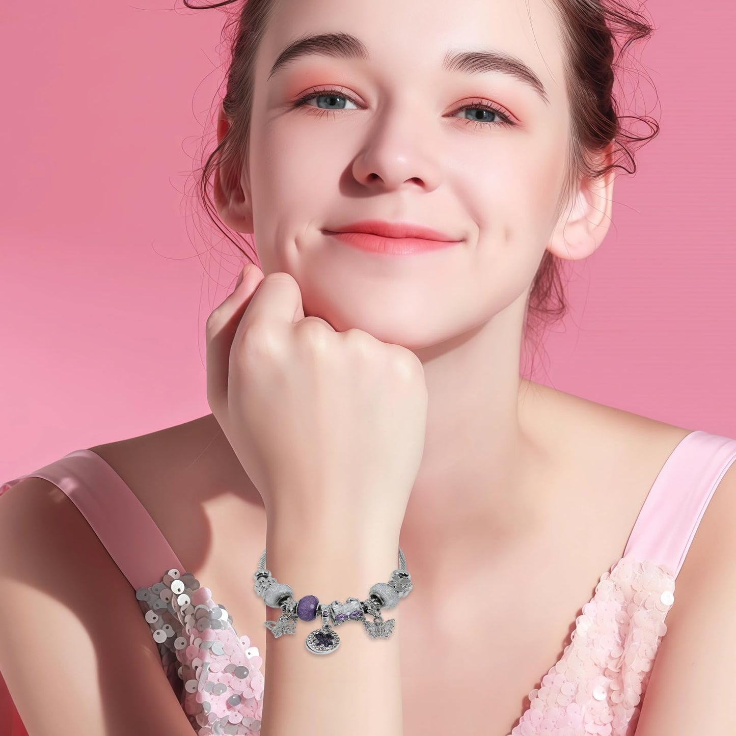 QMWKVNC Charm Bracelets for Girls,Exquisite Cute Cartoon Friendship Silver Bracelets Stainless Steel Bangle, Girls Jewelry Suitable for Holiday Gifts and Birthday Gifts (Bracelets-C)