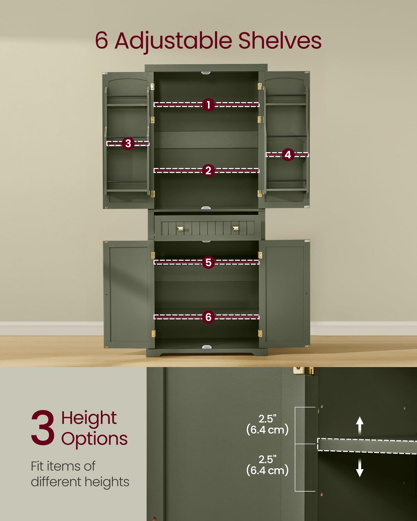 VASAGLE Pantry Cabinet, 15.7 x 30 x 71.7 Inches, Freestanding Tall Cupboard Storage Cabinet with a Drawer, 2 Cabinets, 6 Adjustable Shelves, for Living Room, Kitchen, Forest Green UBBK561C01