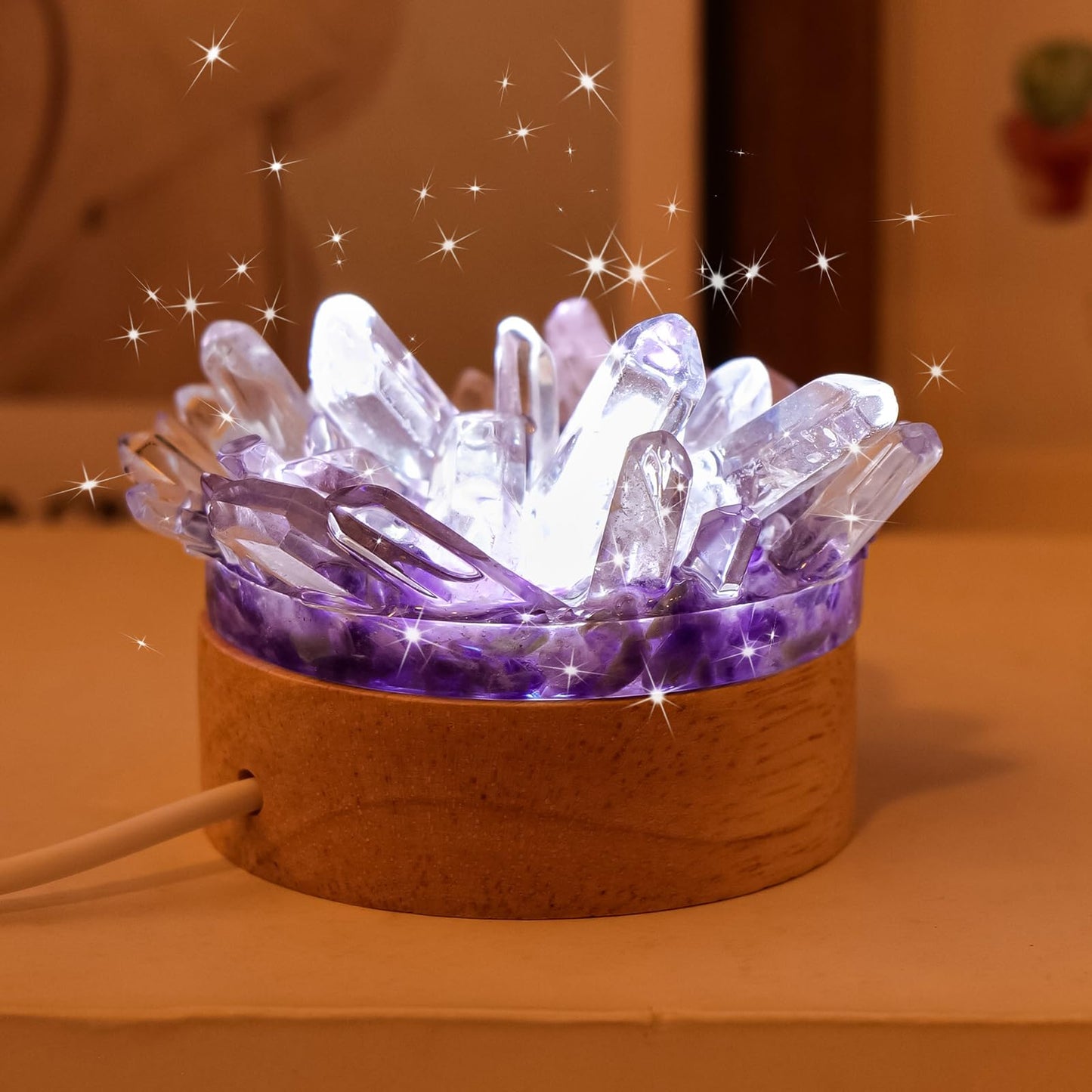 Runyangshi Natural Crystal Night Lamp Bedroom Bedside Sleep Night Light Clear Healing Crystal + Amethyst Gemstone Quartz Ambient Light USB Powered Night Decoration Desktop Ornament for Home Decor Gift