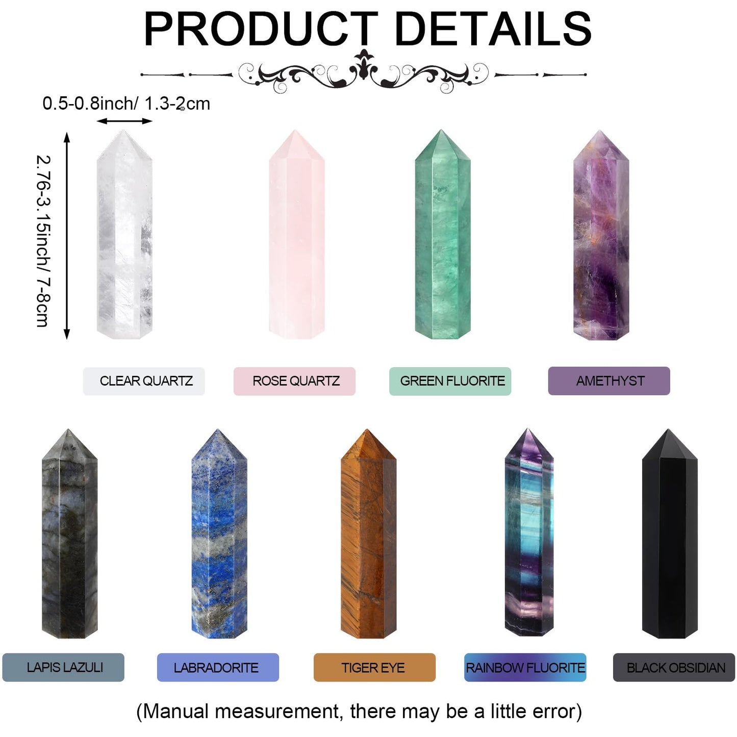 Junkin 9 Sets Healing Crystal Wand, Amethyst Rose Quartz Clear Quartz Tiger Eye Obsidian Fluorite Labradorite Lapis Lazuli for Meditation Crystal Therapy Reiki Supplies(Mixed Color,2.8-3.1 Inch)